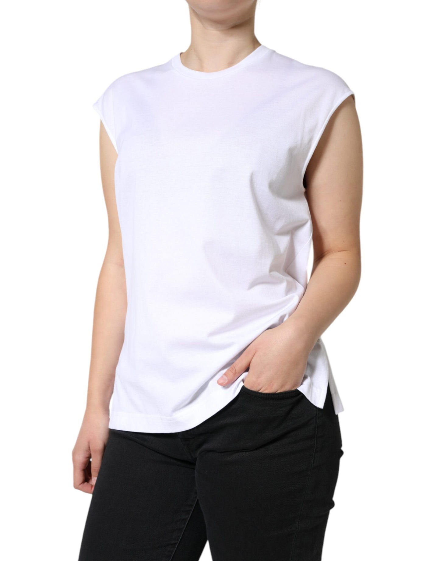 Dolce & Gabbana White Cotton Sleeveless Crew Neck T-shirt