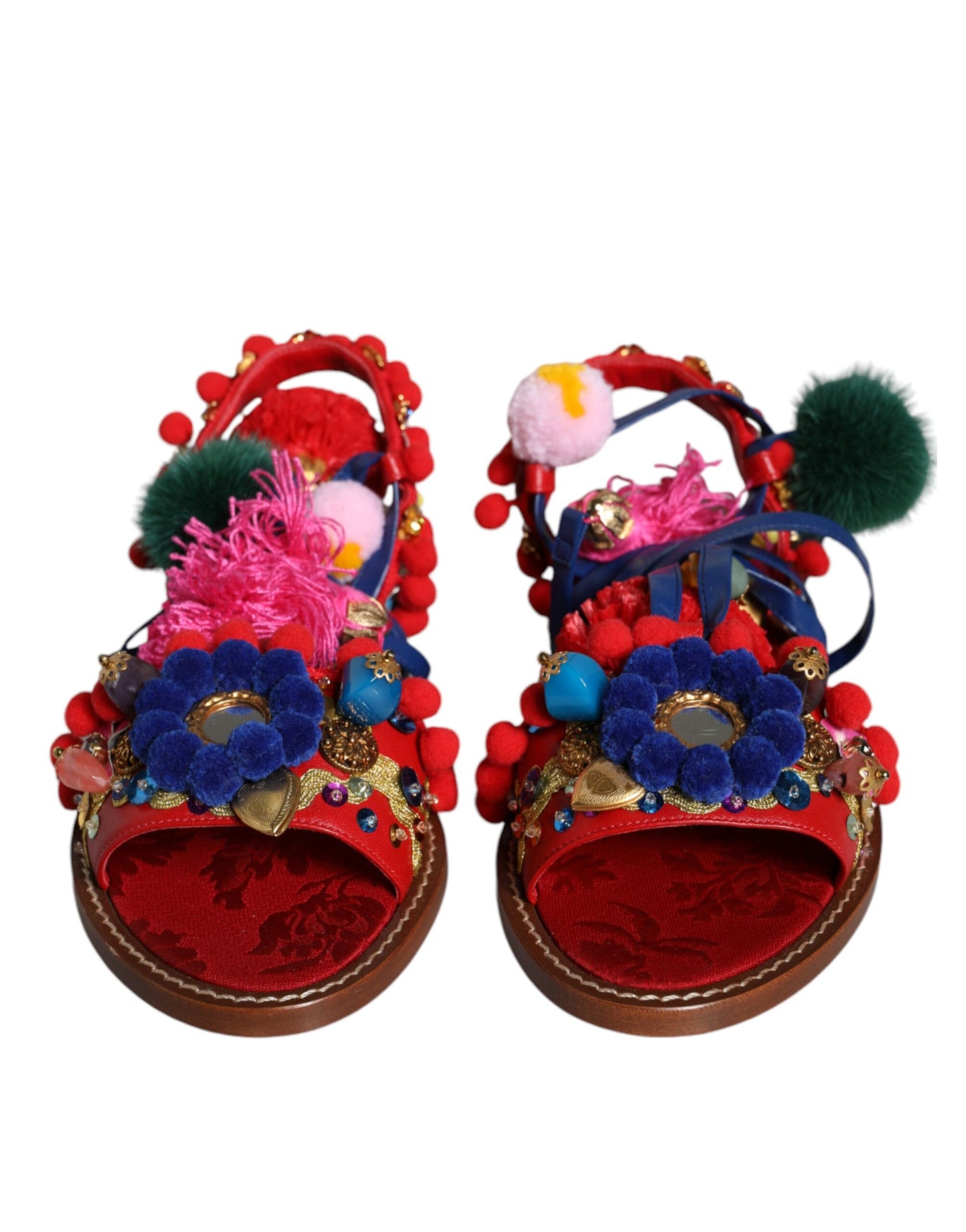 Dolce & Gabbana Multicolor Pom Pom Pelz Wrap Sandalen Schuhe