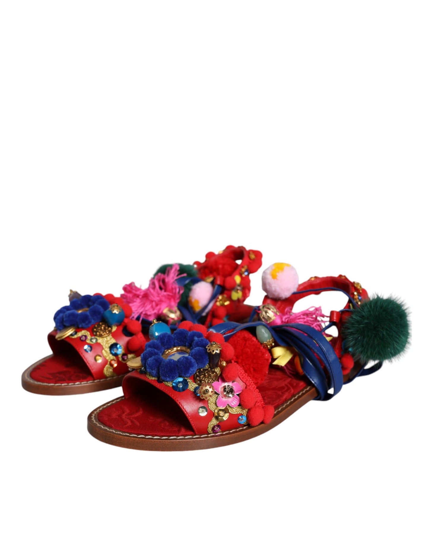 Dolce & Gabbana Multicolor Pom Pom Pelz Wrap Sandalen Schuhe