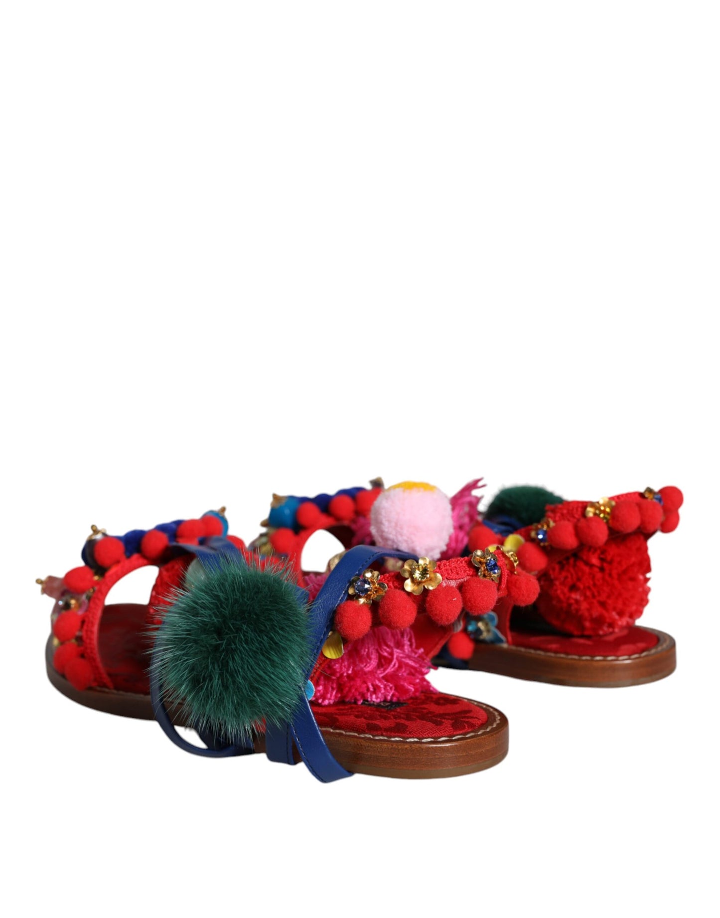 Dolce & Gabbana Multicolor Pom Pom Pelz Wrap Sandalen Schuhe