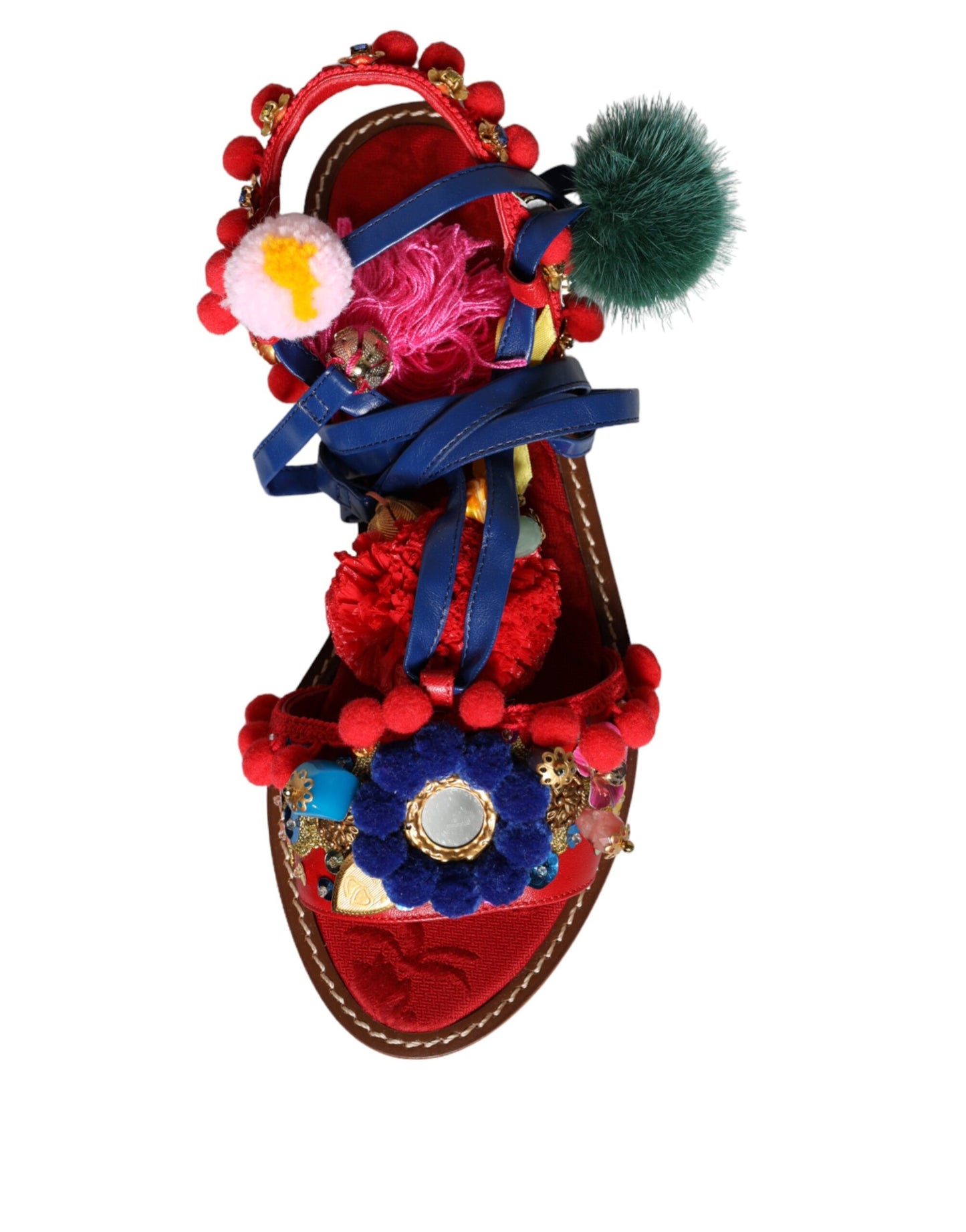 Dolce & Gabbana Multicolor Pom Pom Pelz Wrap Sandalen Schuhe