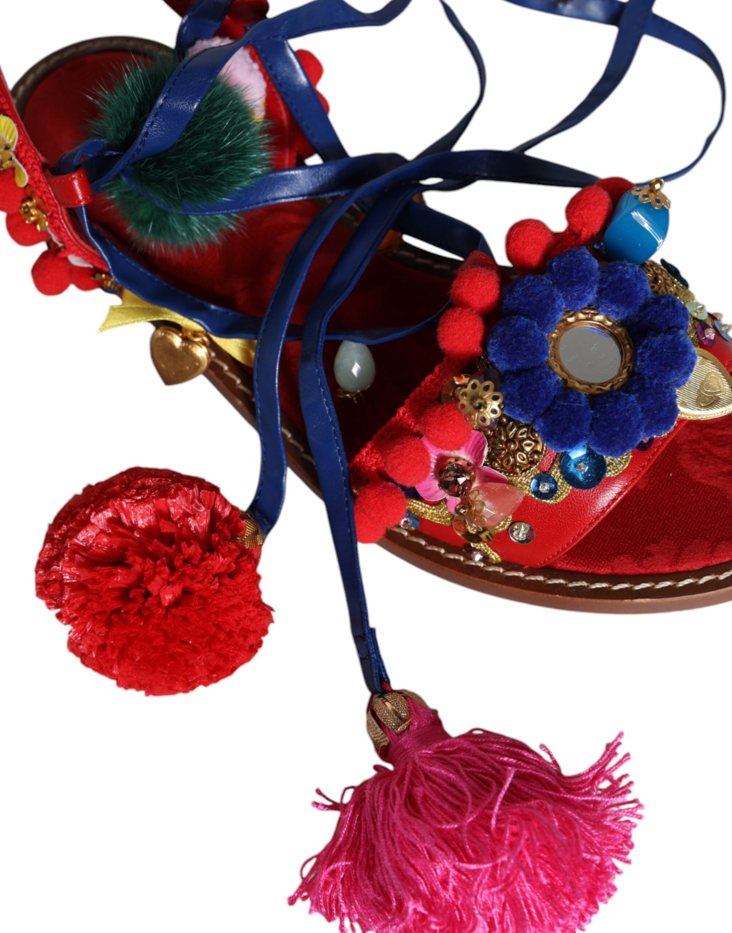 Dolce & Gabbana Multicolor Pom Pom Pelz Wrap Sandalen Schuhe