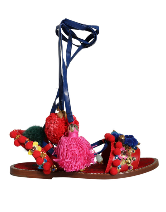 Dolce & Gabbana Multicolor Pom Pom Pelz Wrap Sandalen Schuhe