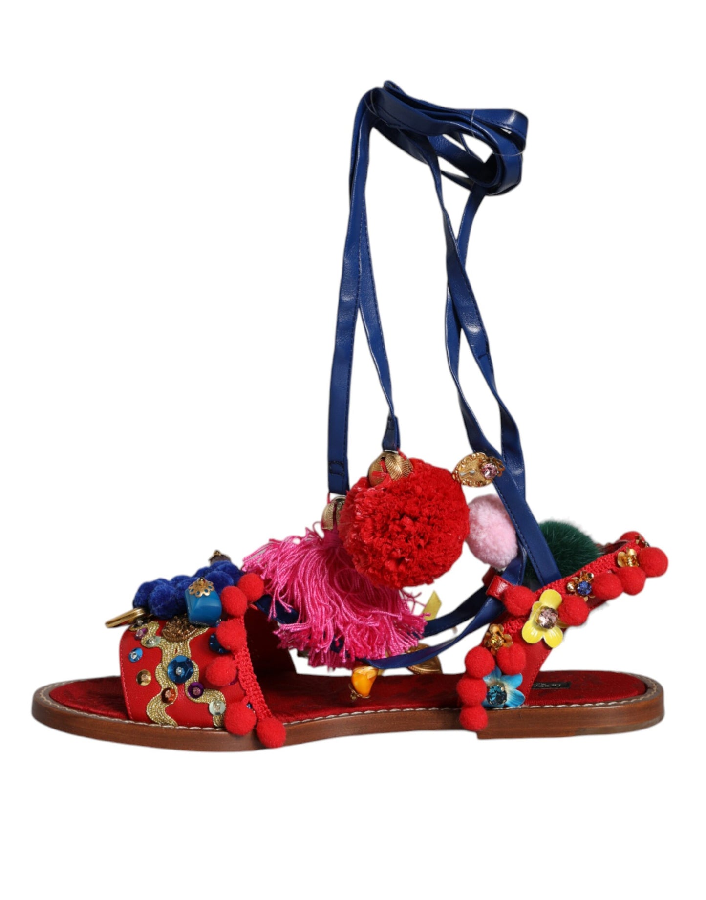 Dolce & Gabbana Multicolor Pom Pom Pelz Wrap Sandalen Schuhe