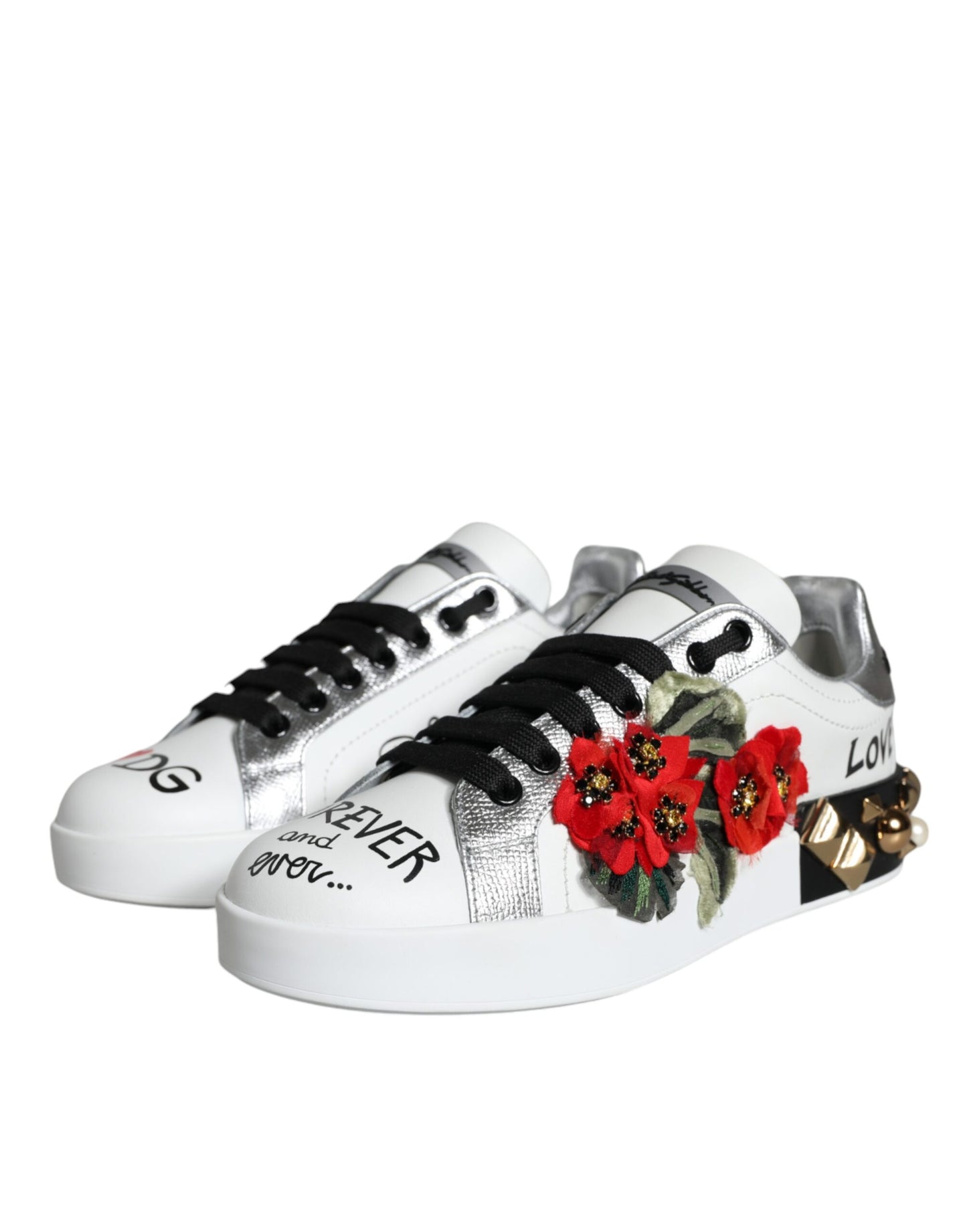 Dolce & Gabbana Weiß Leder Floral Nieten Turnschuhe Schuhe