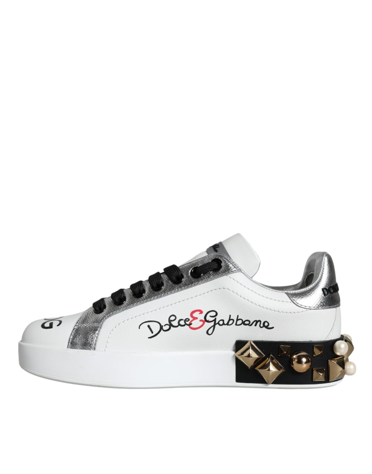 Dolce & Gabbana Weiß Leder Floral Nieten Turnschuhe Schuhe