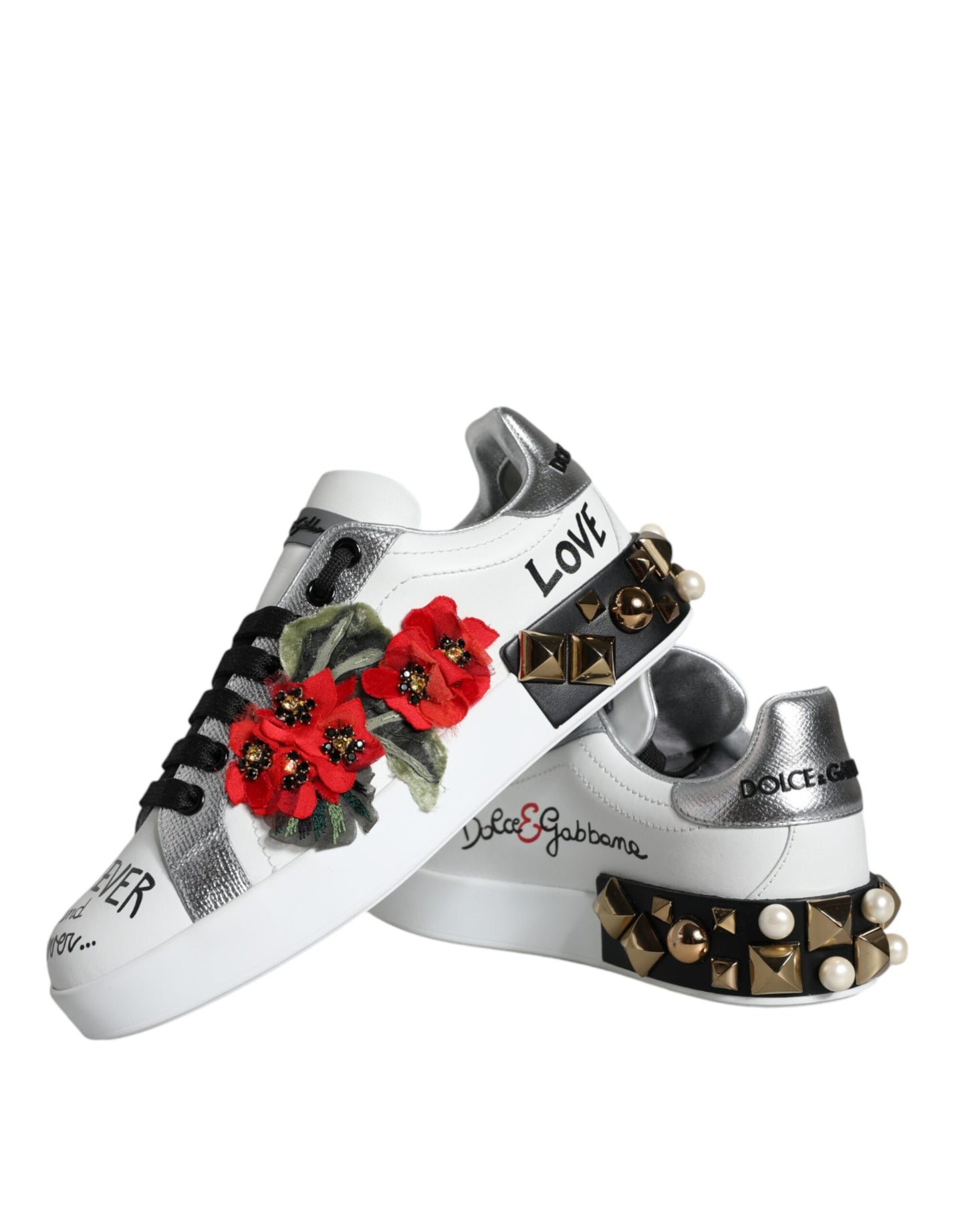 Dolce & Gabbana Weiß Leder Floral Nieten Turnschuhe Schuhe