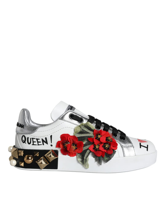 Dolce & Gabbana Weiß Leder Floral Nieten Turnschuhe Schuhe