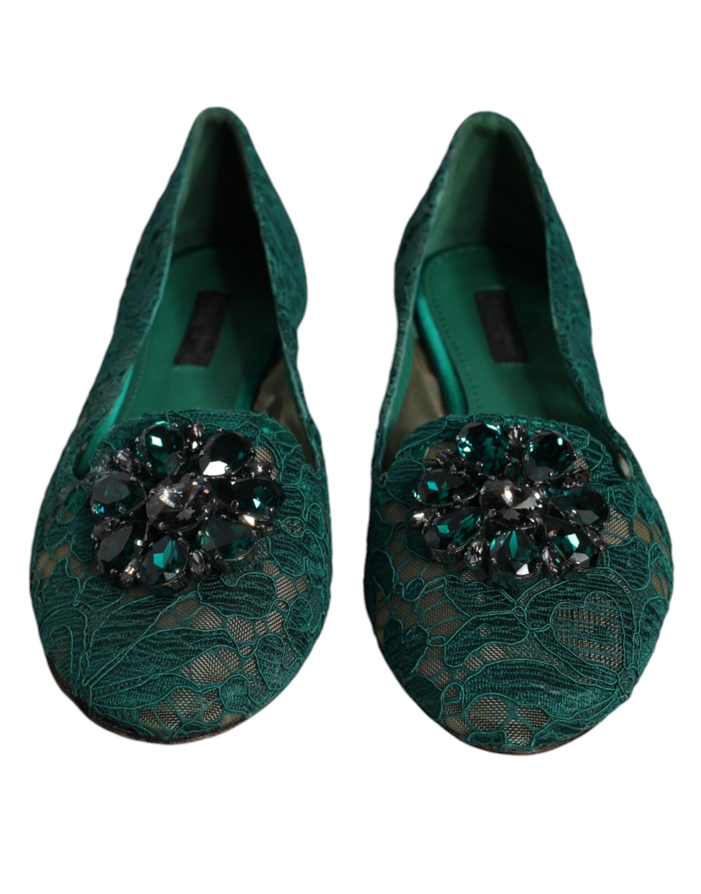 Dolce &amp; Gabbana Green Lace Crystal Ballet Flats Loafers -kengät