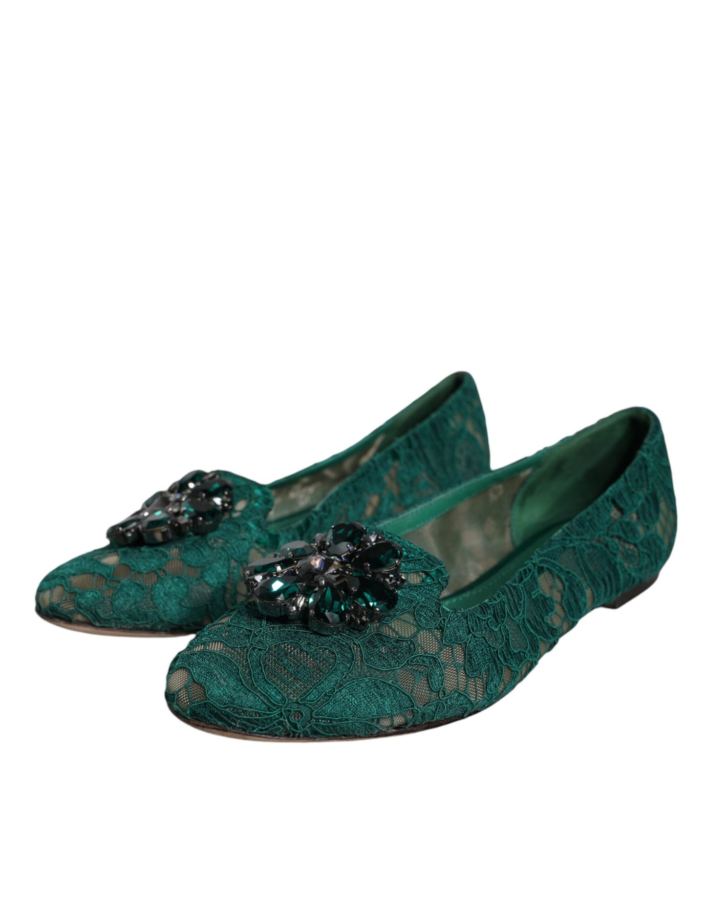 Dolce &amp; Gabbana Green Lace Crystal Ballet Flats Loafers -kengät