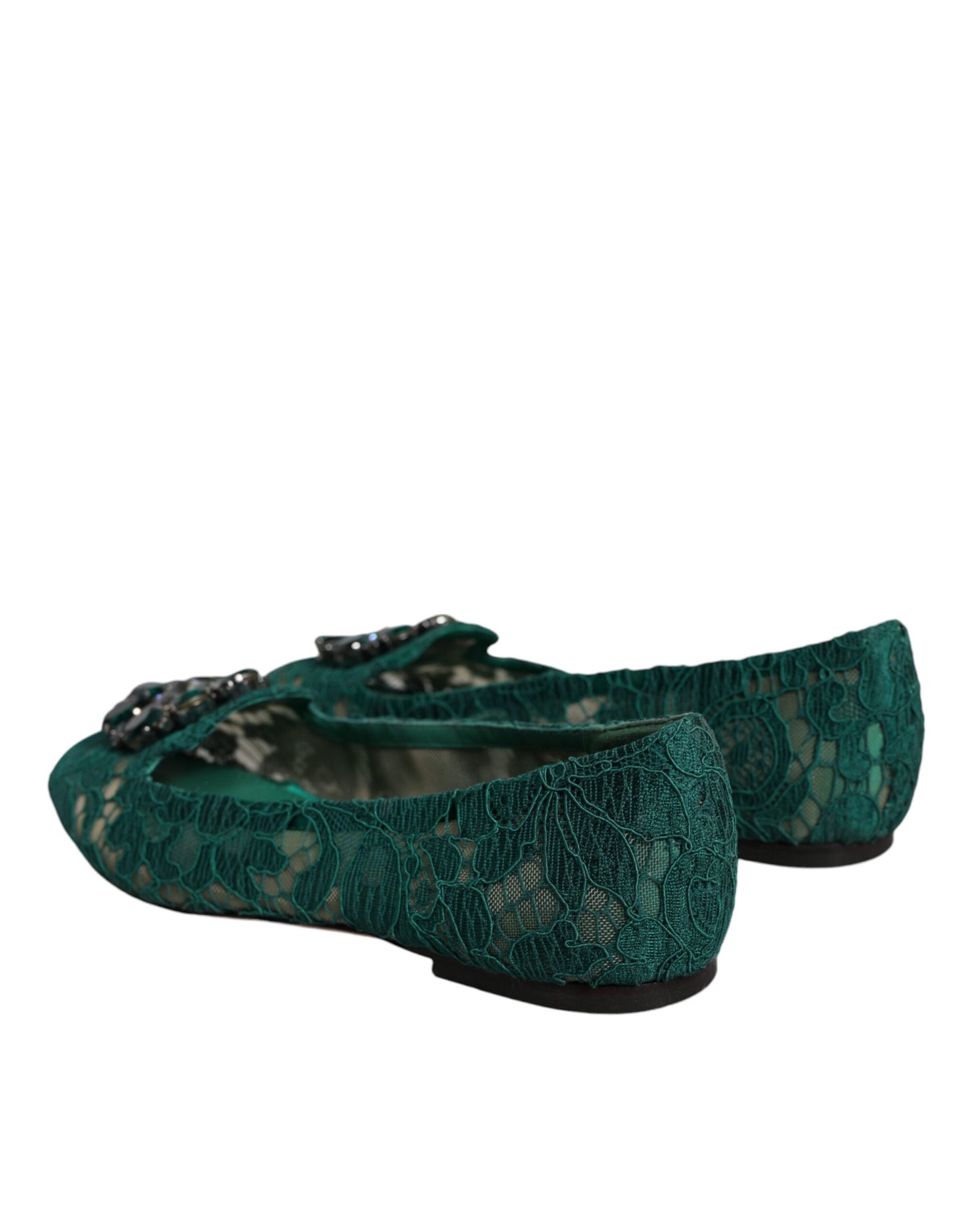 Dolce &amp; Gabbana Green Lace Crystal Ballet Flats Loafers -kengät