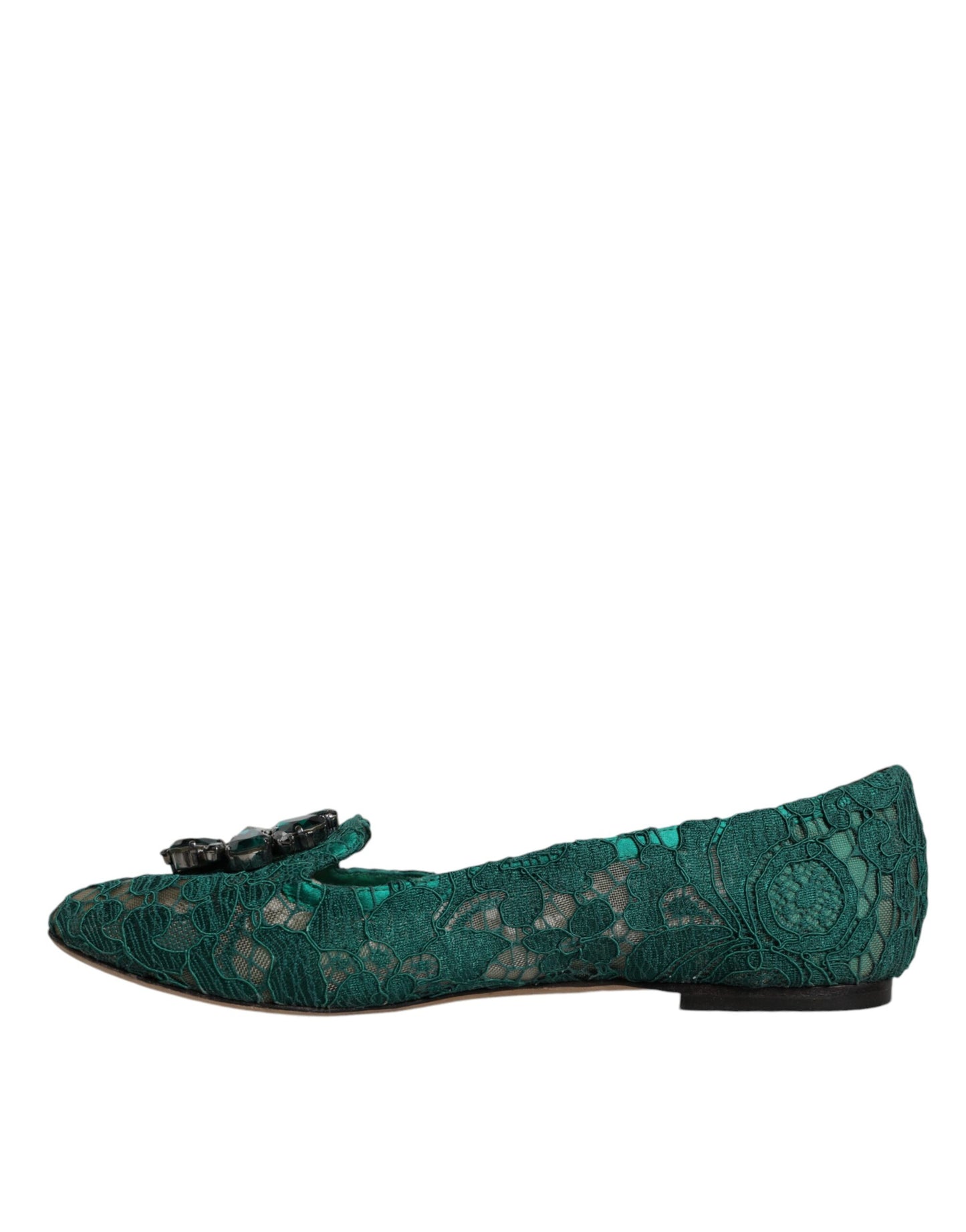 Dolce &amp; Gabbana Green Lace Crystal Ballet Flats Loafers -kengät