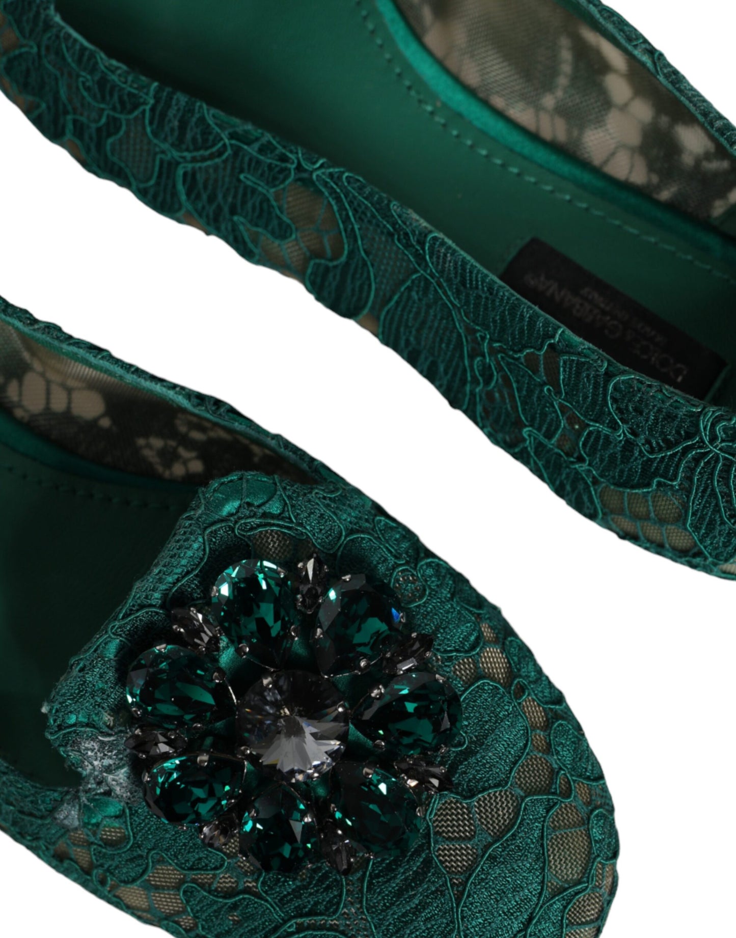 Dolce &amp; Gabbana Green Lace Crystal Ballet Flats Loafers -kengät