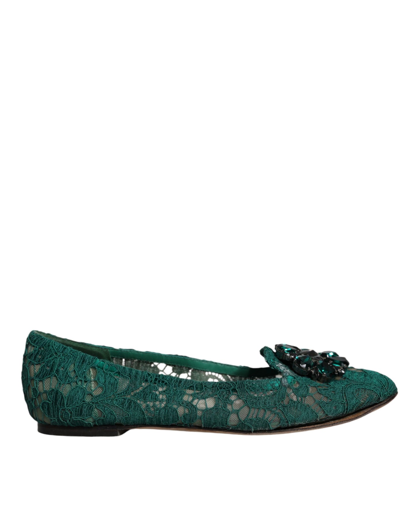 Dolce &amp; Gabbana Green Lace Crystal Ballet Flats Loafers -kengät