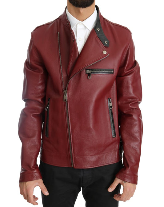 Dolce &amp; Gabbana Bright Red Leather Biker Motorcycle Jacket