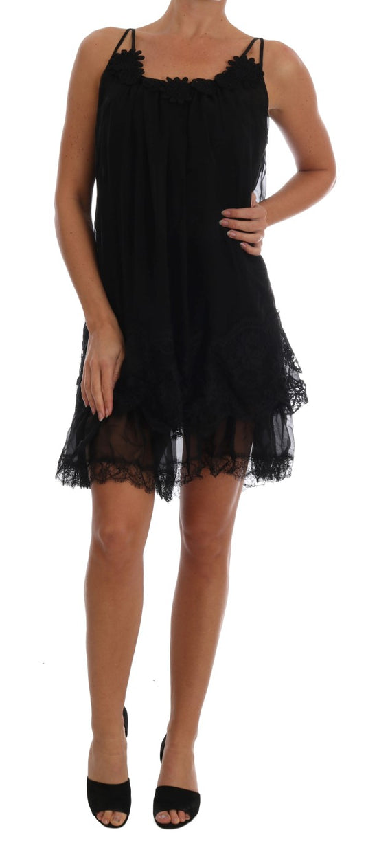 Dolce &amp; Gabbana Elegant Black Silk Lace Chemise -mekko