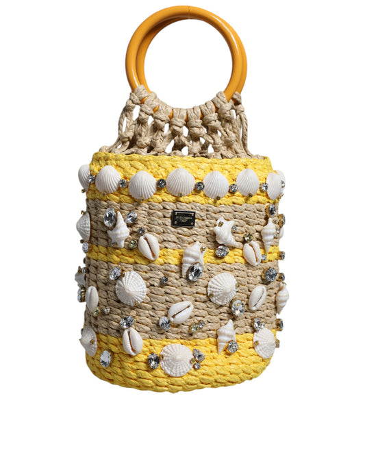 Dolce &amp; Gabbana Beige Yellow Rafia Seashells Crystal Bucket Bag