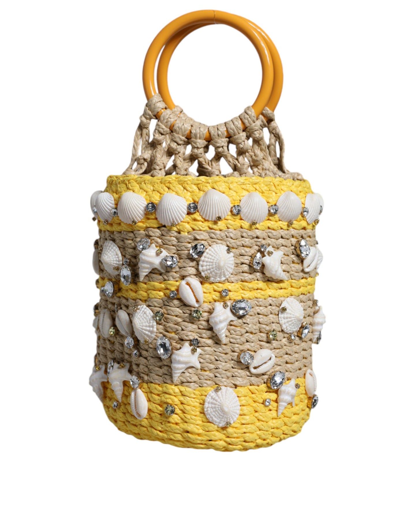 Dolce &amp; Gabbana Beige Yellow Rafia Seashells Crystal Bucket Bag