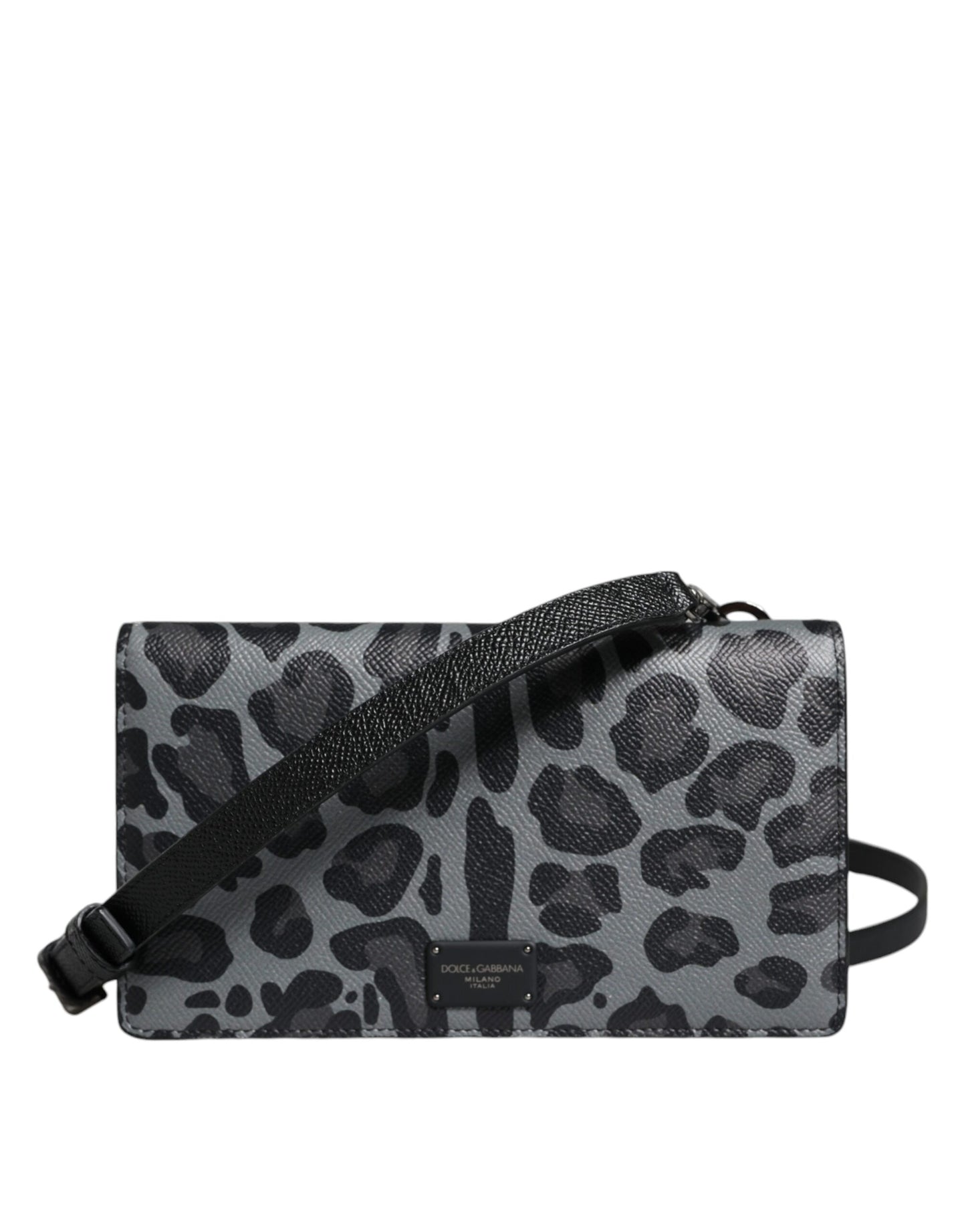 Dolce & Gabbana Schwarzgraue Leopardenleder Bifold Card Slot Crossbody Tasche