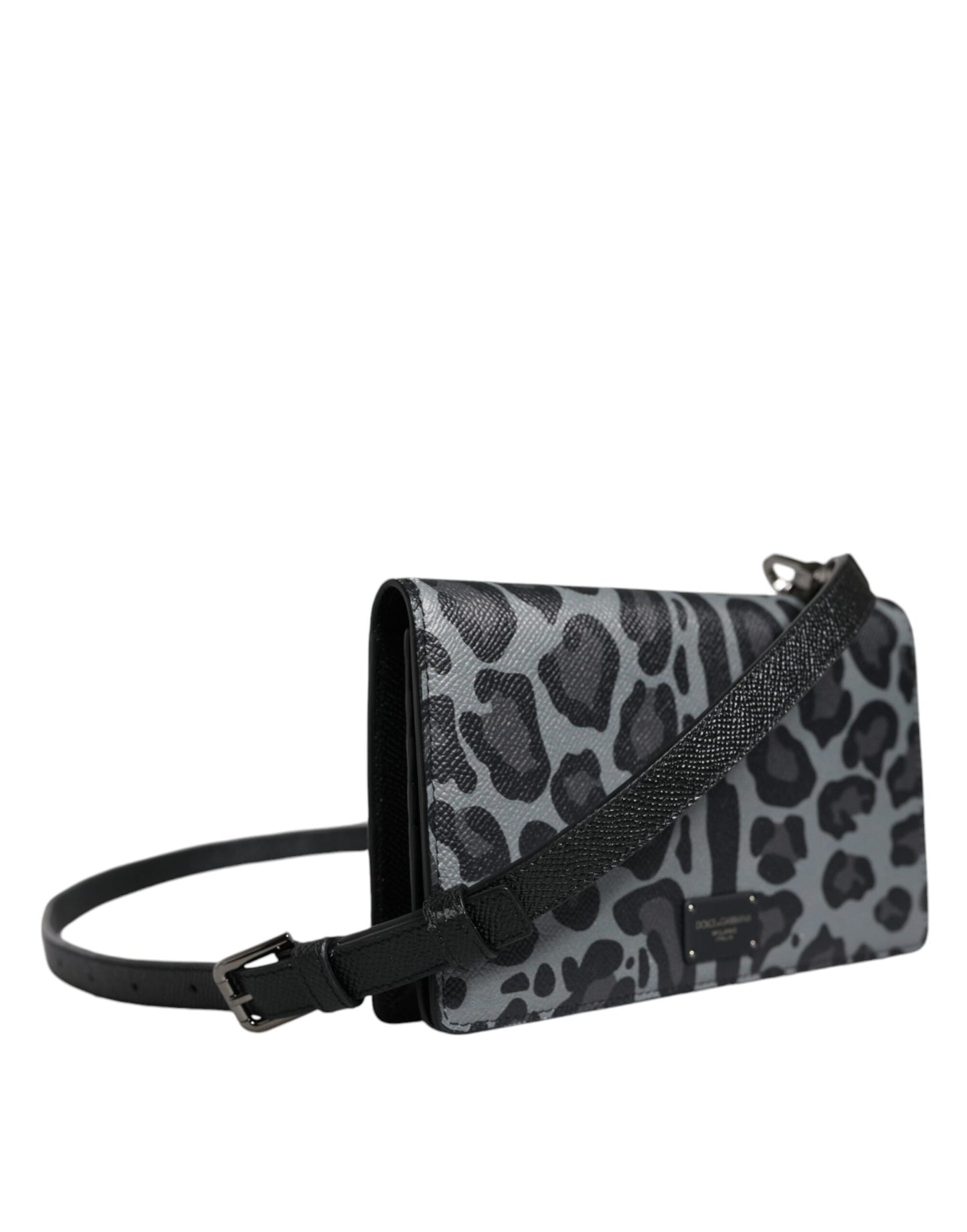 Dolce & Gabbana Schwarzgraue Leopardenleder Bifold Card Slot Crossbody Tasche