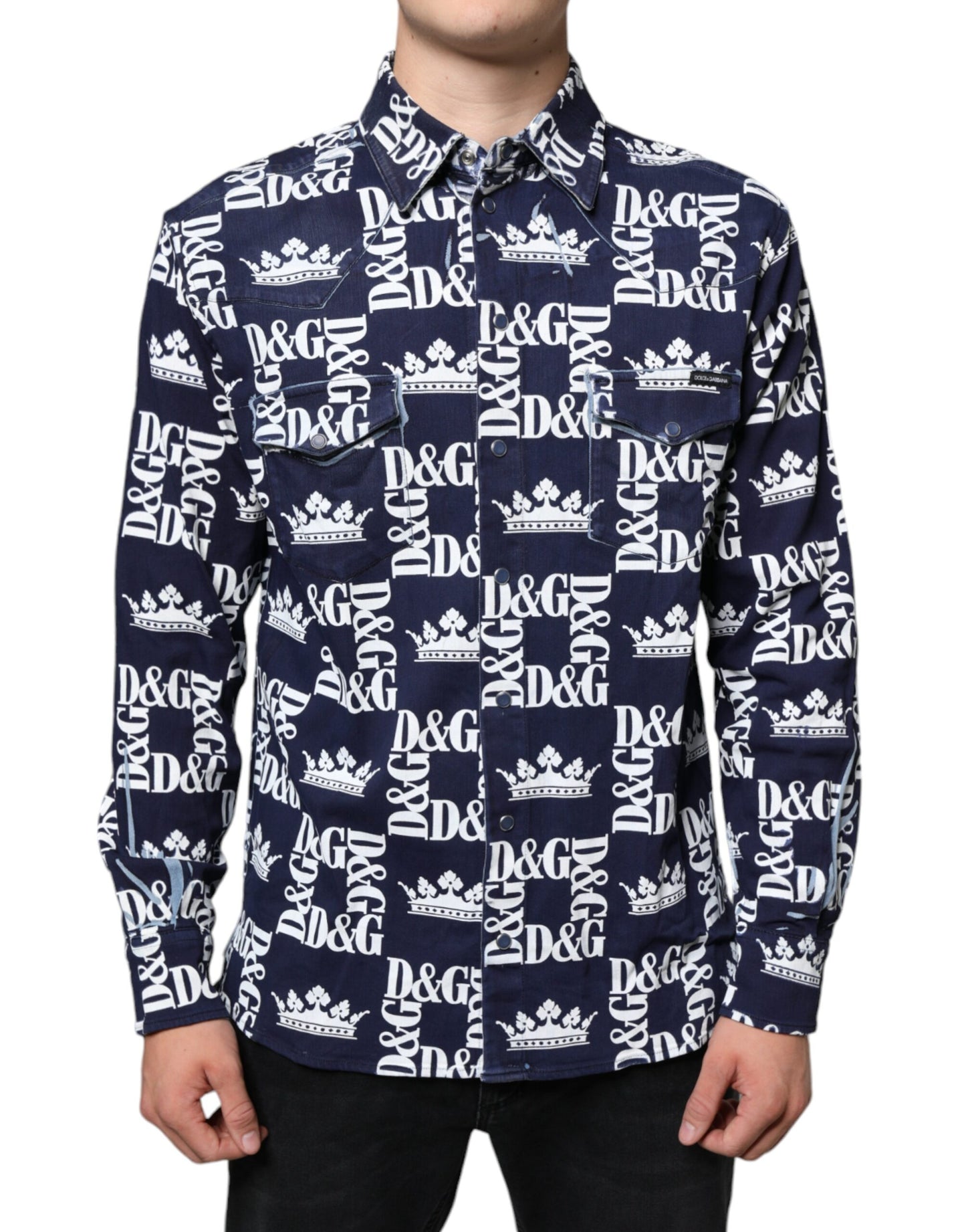 Dolce &amp; Gabbana Blue Crown Logo Print Slim Fit -puuvillapaita