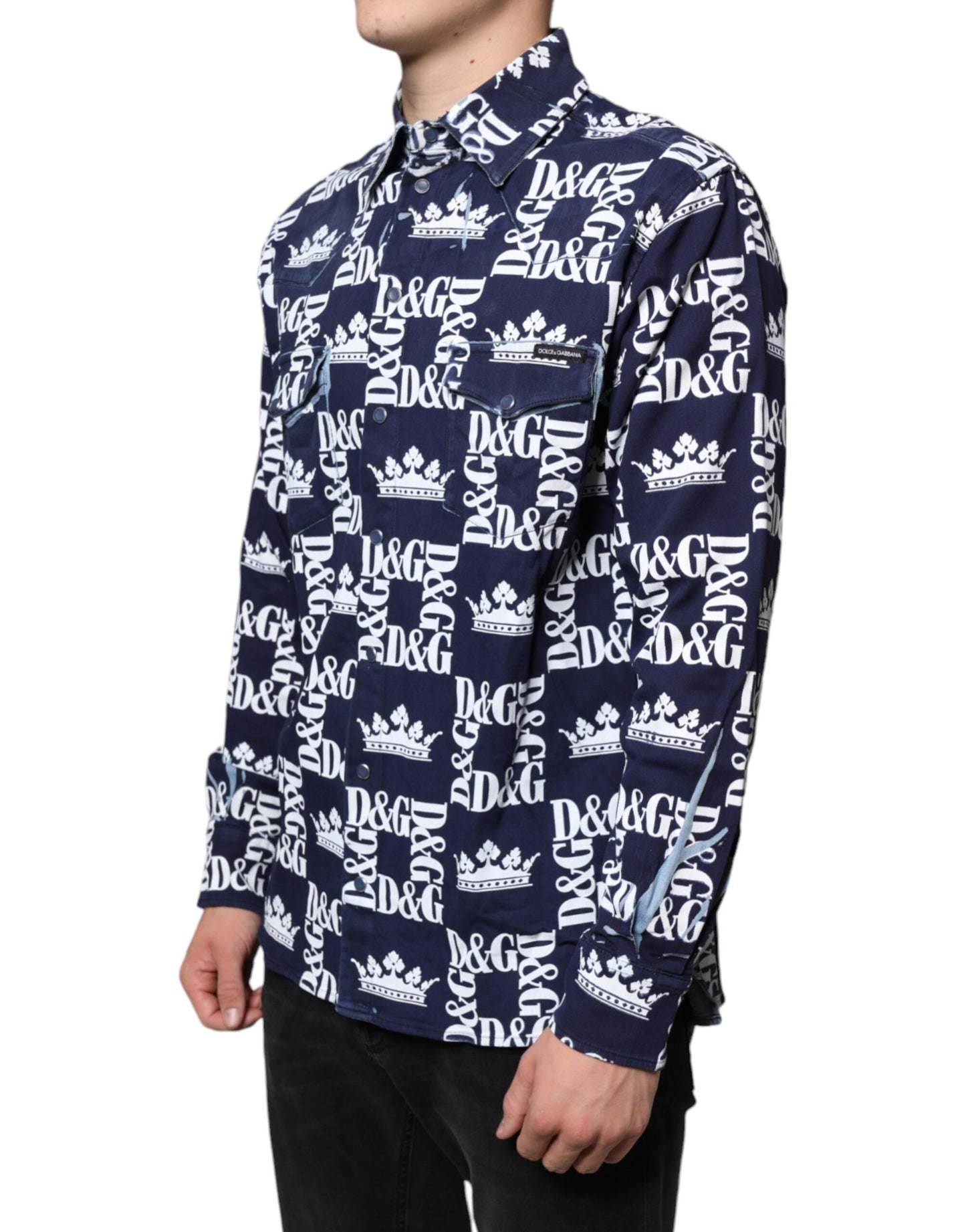 Dolce &amp; Gabbana Blue Crown Logo Print Slim Fit -puuvillapaita