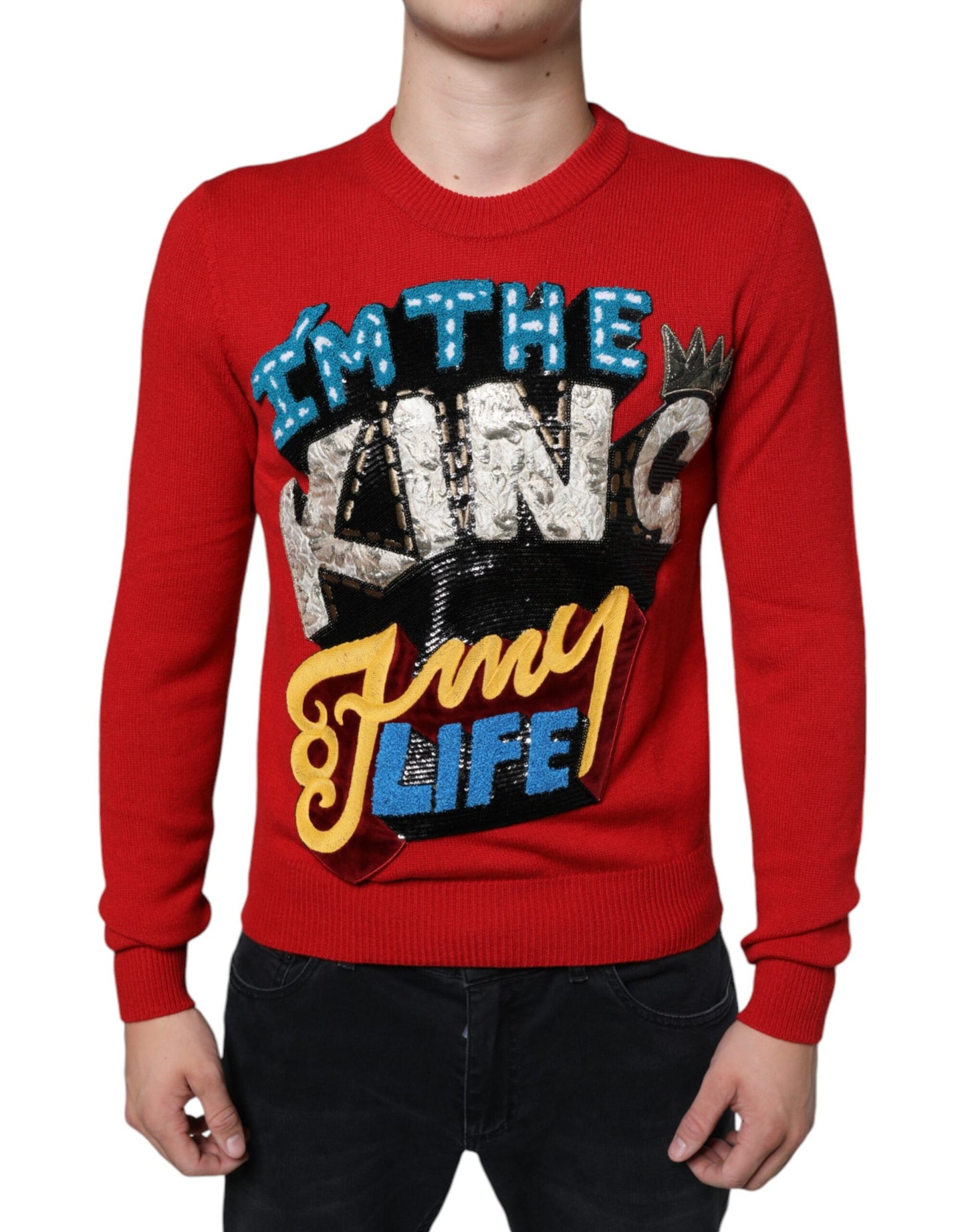 Dolce & Gabbana Rotes I'm The King Sweatshirt mit Rundhalsausschnitt aus Wolle Pullover