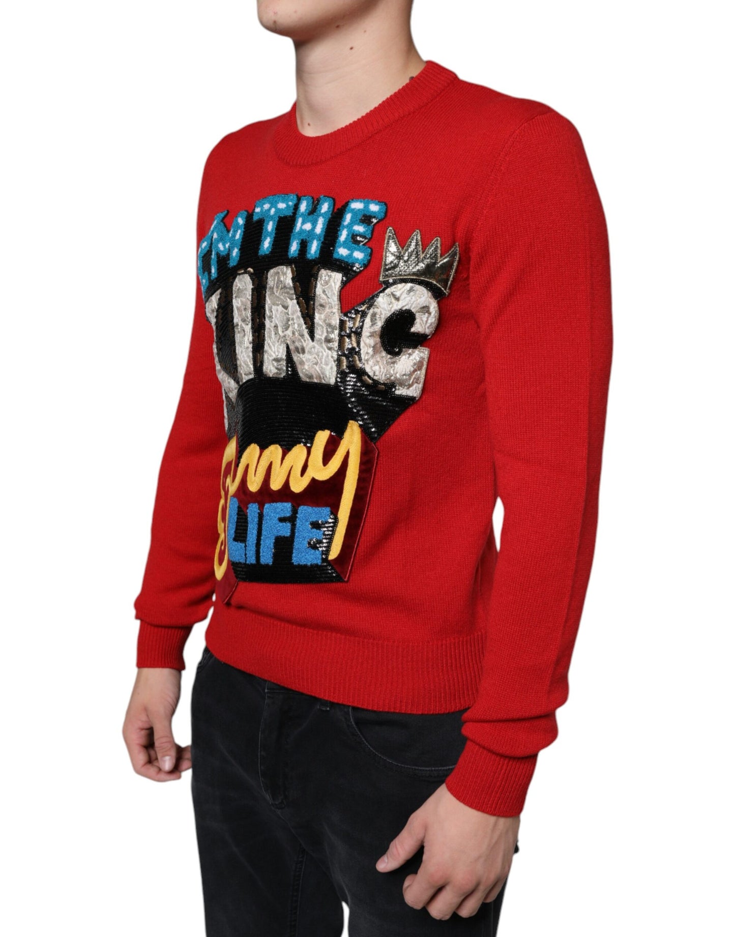 Dolce & Gabbana Rotes I'm The King Sweatshirt mit Rundhalsausschnitt aus Wolle Pullover