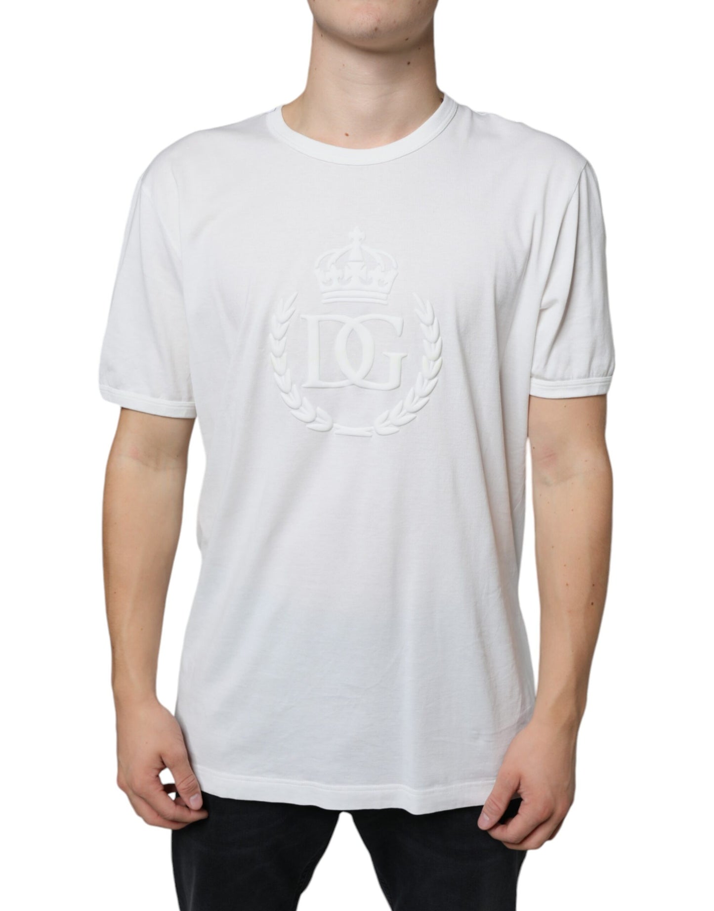 Dolce &amp; Gabbana White Logo Embossed Cotton Crewneck T-shirt