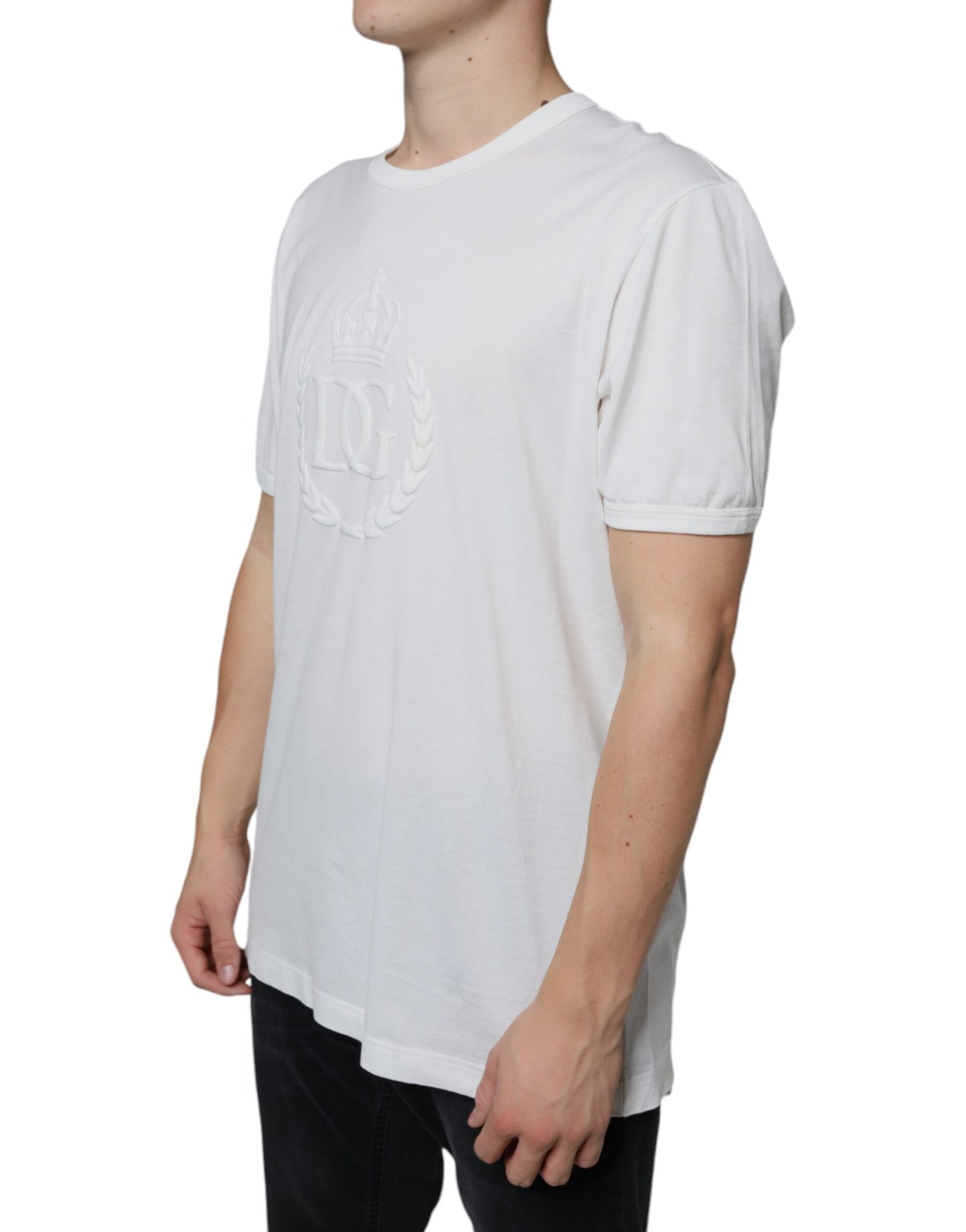 Dolce &amp; Gabbana White Logo Embossed Cotton Crewneck T-shirt