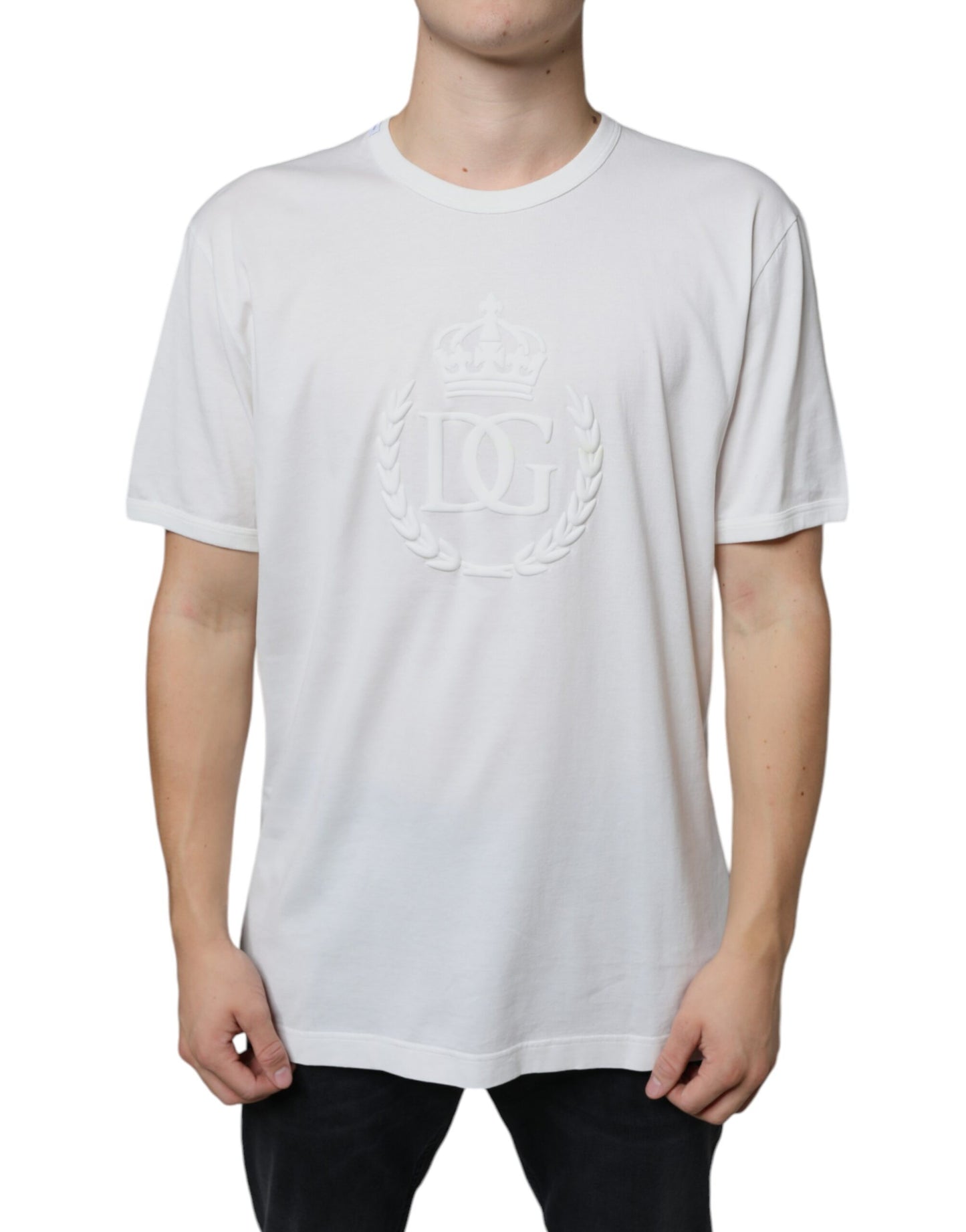 Dolce &amp; Gabbana White Logo Embossed Cotton Crewneck T-shirt