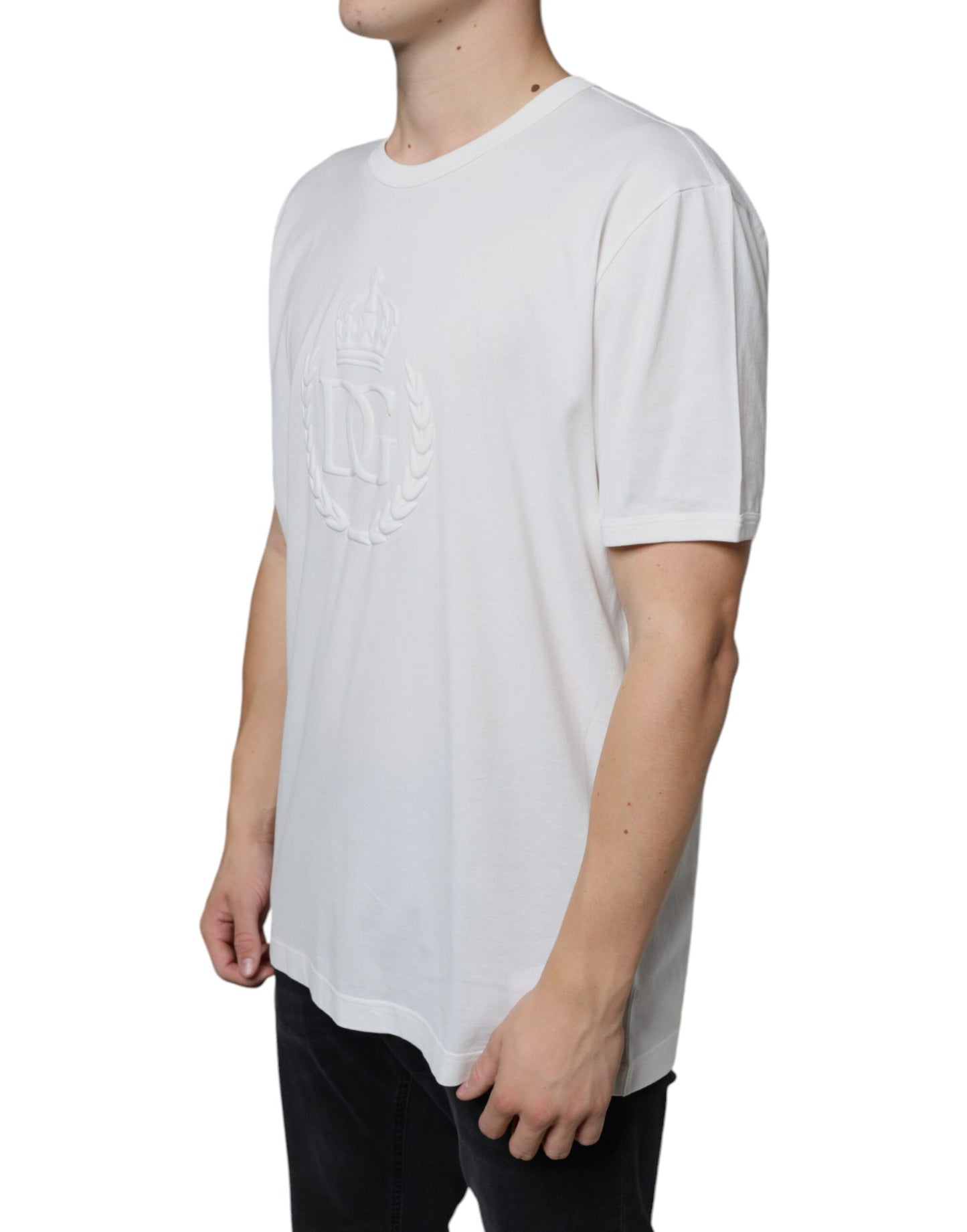 Dolce &amp; Gabbana White Logo Embossed Cotton Crewneck T-shirt