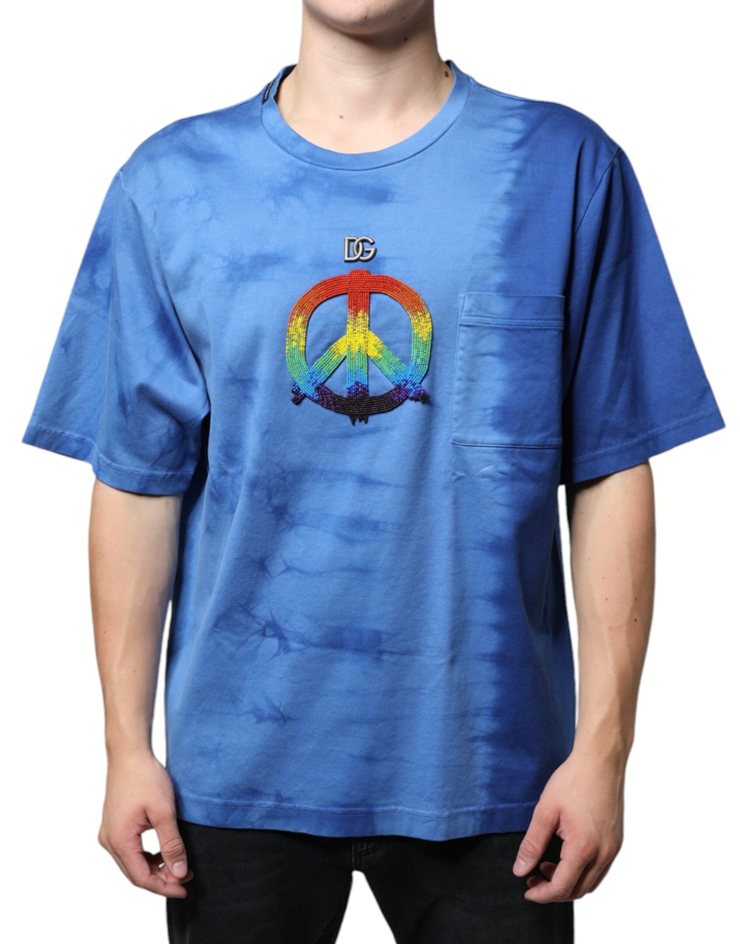 Dolce & Gabbana Blaues Tie-Dye Peace Zeichen Baumwoll-T-Shirt