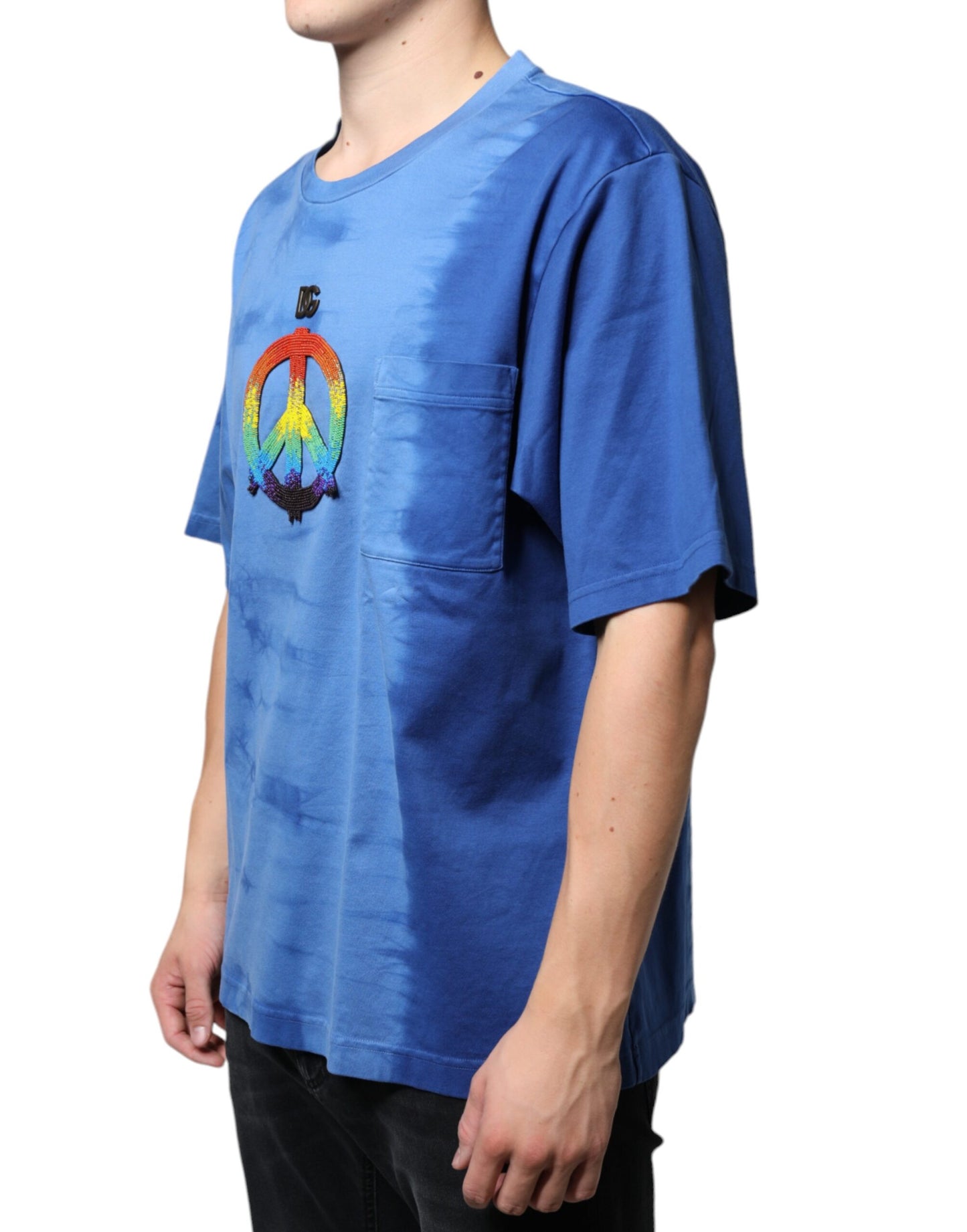 Dolce & Gabbana Blaues Tie-Dye Peace Zeichen Baumwoll-T-Shirt