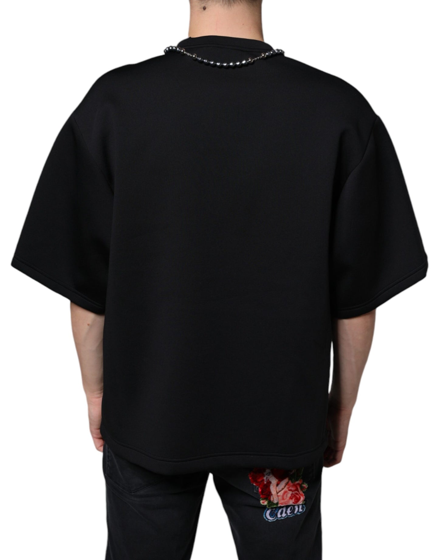 Dolce & Gabbana Schwarzes T-Shirt aus Polyester mit Halskettenverzierung