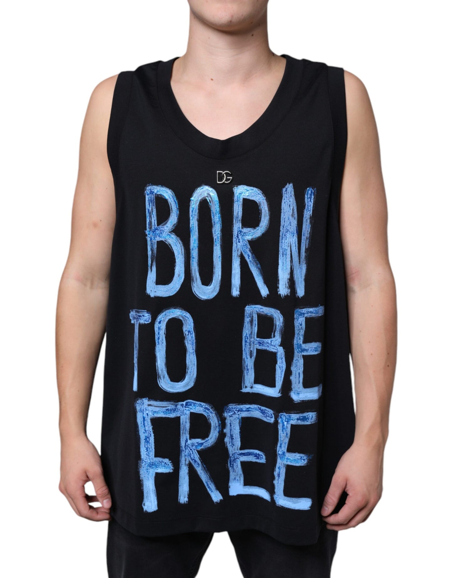 Dolce & Gabbana Schwarzes Baumwoll-T-Shirt "Born To Be Free" ohne Ärmel