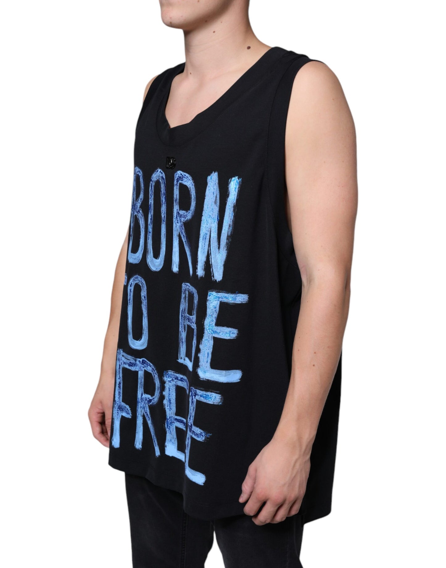 Dolce & Gabbana Schwarzes Baumwoll-T-Shirt "Born To Be Free" ohne Ärmel