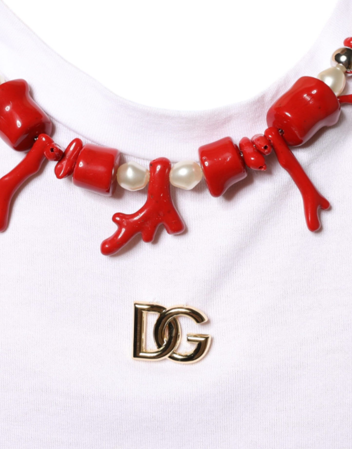 Dolce & Gabbana Weißes T-Shirt mit Baumwollkette und Verzierungen