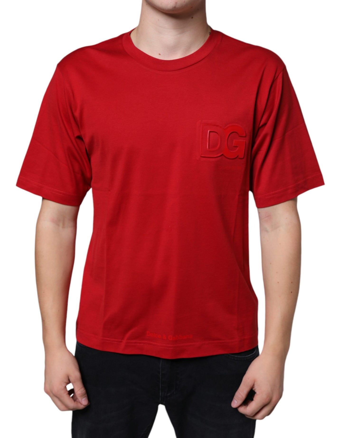 Dolce & Gabbana Rotes T-Shirt mit Rundhalsausschnitt und DG-Logo-Druck aus Baumwolle