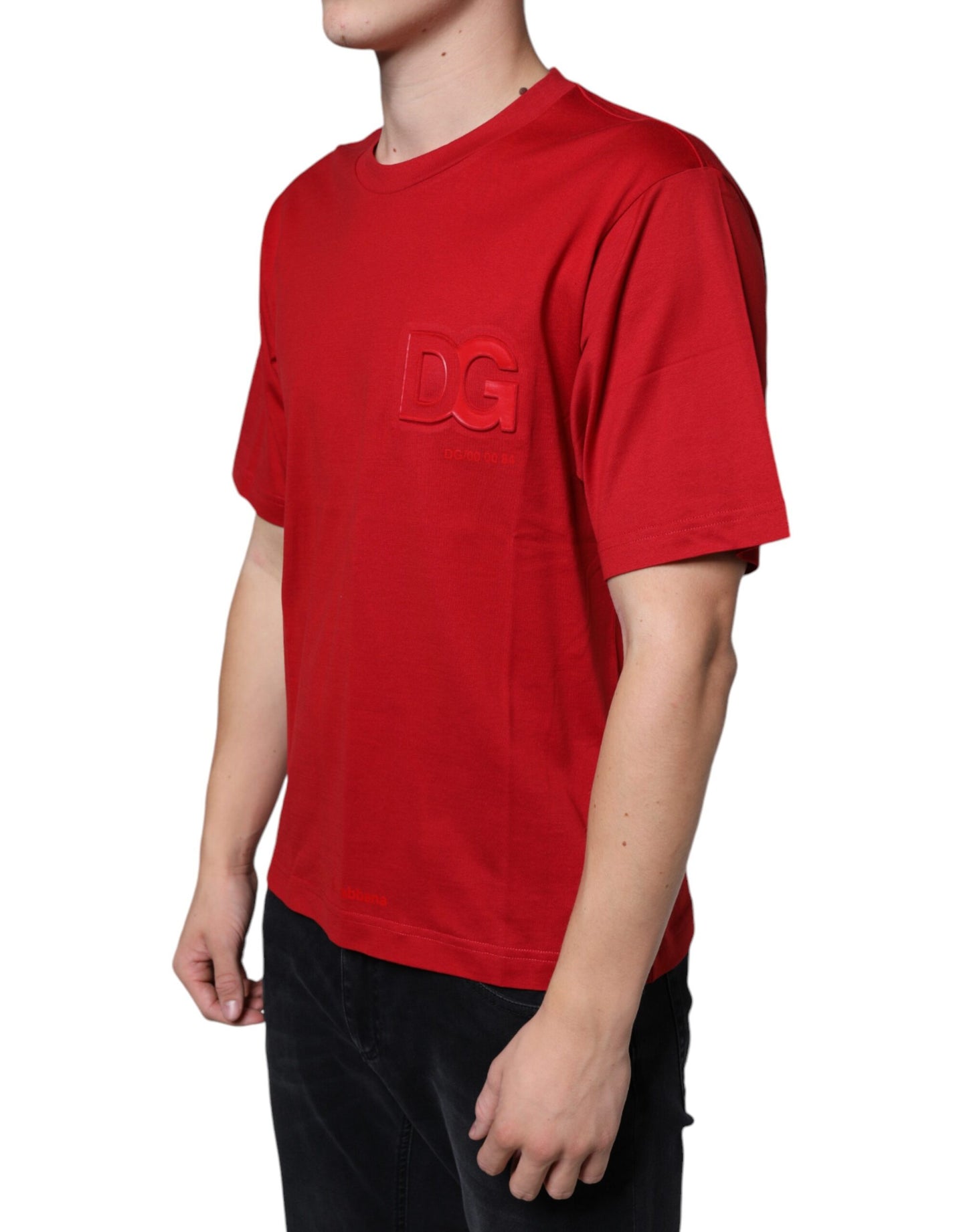 Dolce & Gabbana Rotes T-Shirt mit Rundhalsausschnitt und DG-Logo-Druck aus Baumwolle