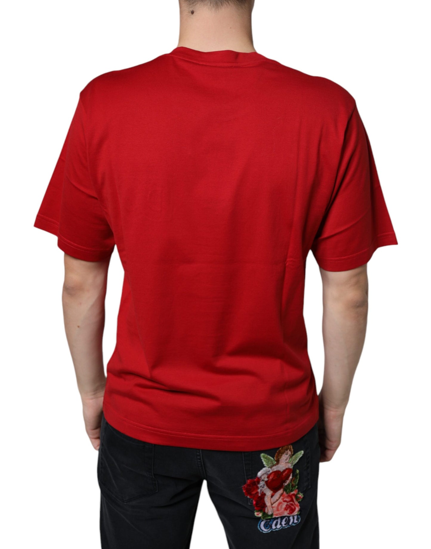 Dolce & Gabbana Rotes T-Shirt mit Rundhalsausschnitt und DG-Logo-Druck aus Baumwolle