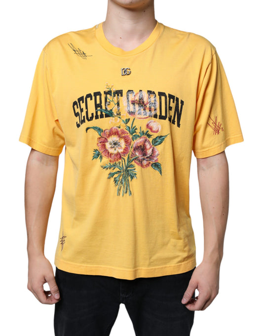 Dolce & Gabbana Gelbes Secret Graden Floral Baumwoll-T-Shirt mit Rundhalsausschnitt