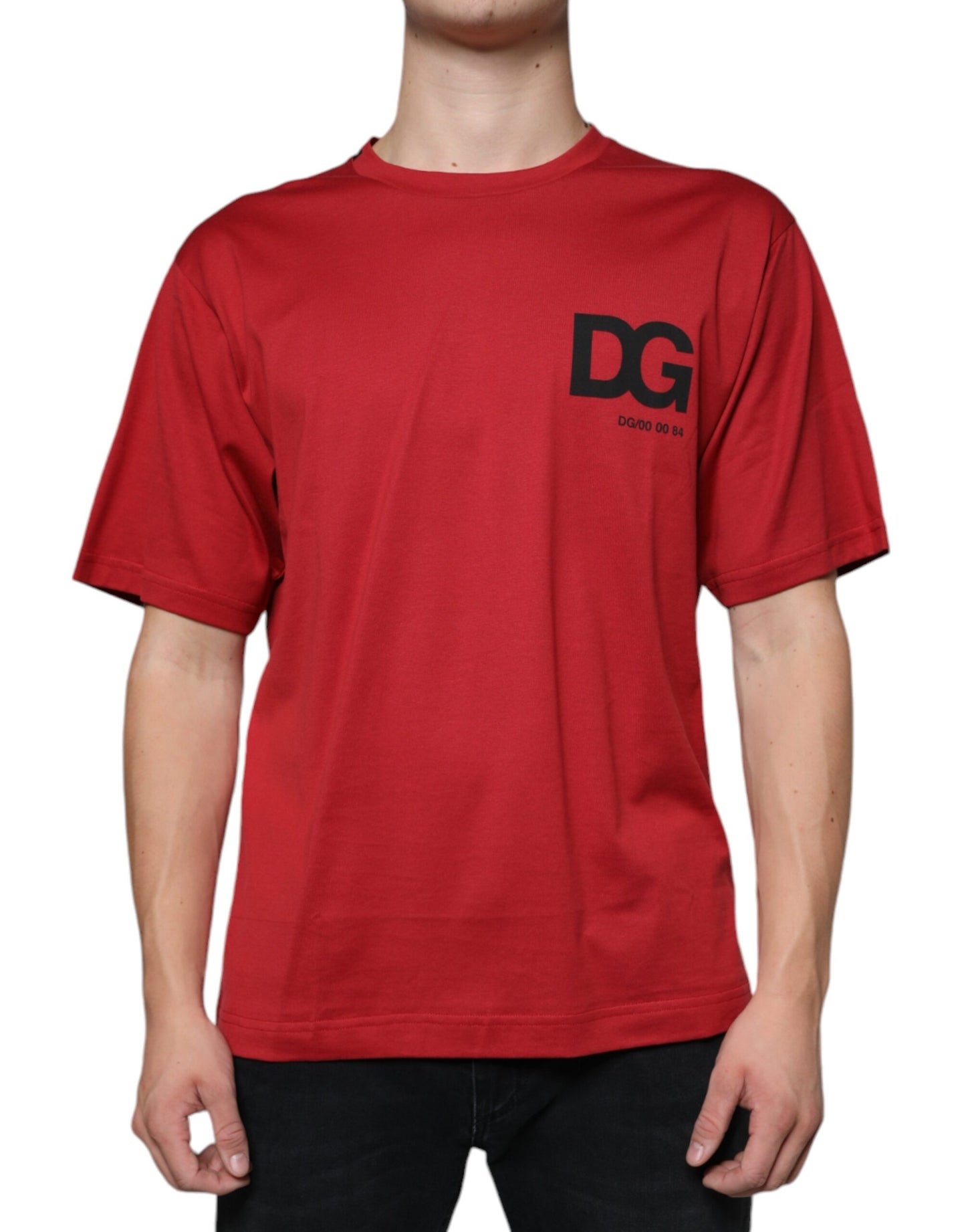 Dolce & Gabbana Rotes T-Shirt mit Rundhalsausschnitt und DG-Logo-Druck aus Baumwolle