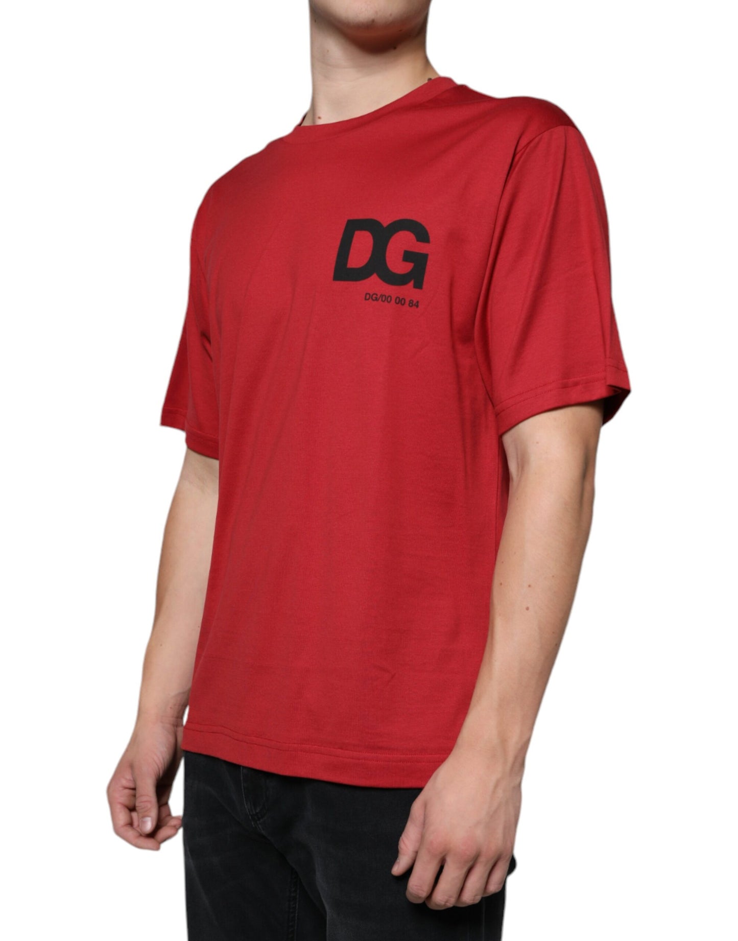 Dolce & Gabbana Rotes T-Shirt mit Rundhalsausschnitt und DG-Logo-Druck aus Baumwolle