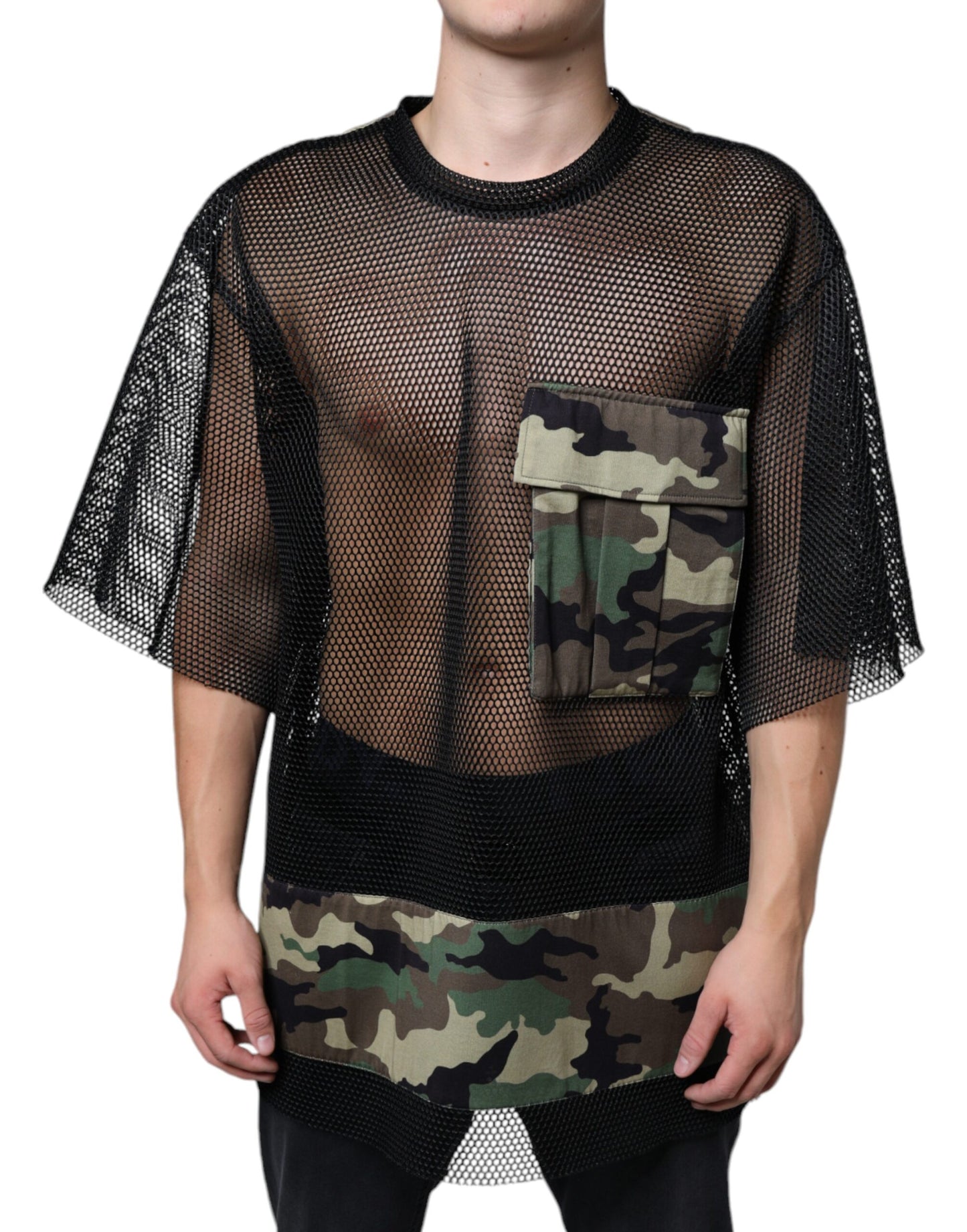 Dolce & Gabbana Schwarzes Mesh Camouflage T-Shirt mit kurzen Ärmeln