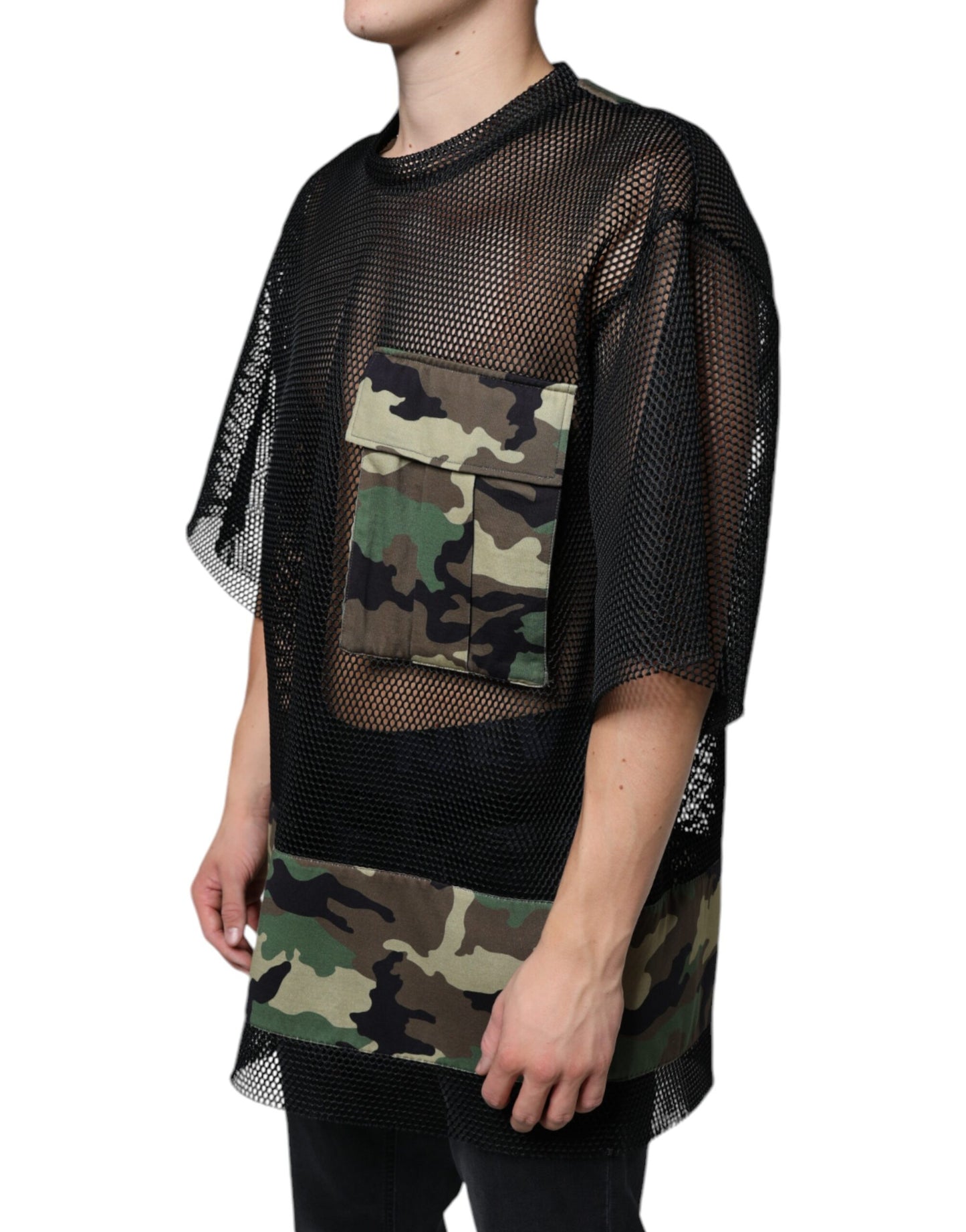 Dolce & Gabbana Schwarzes Mesh Camouflage T-Shirt mit kurzen Ärmeln