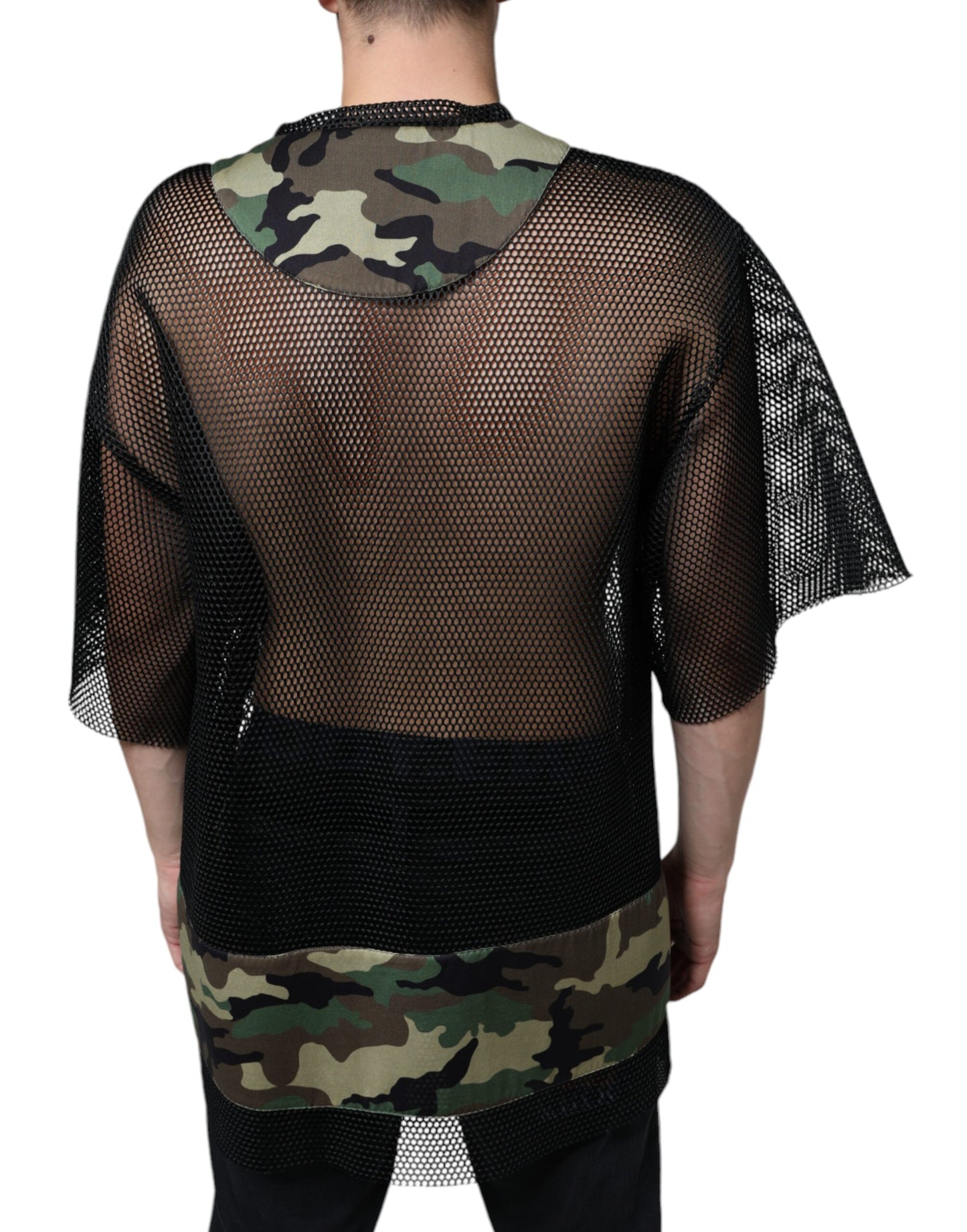 Dolce & Gabbana Schwarzes Mesh Camouflage T-Shirt mit kurzen Ärmeln