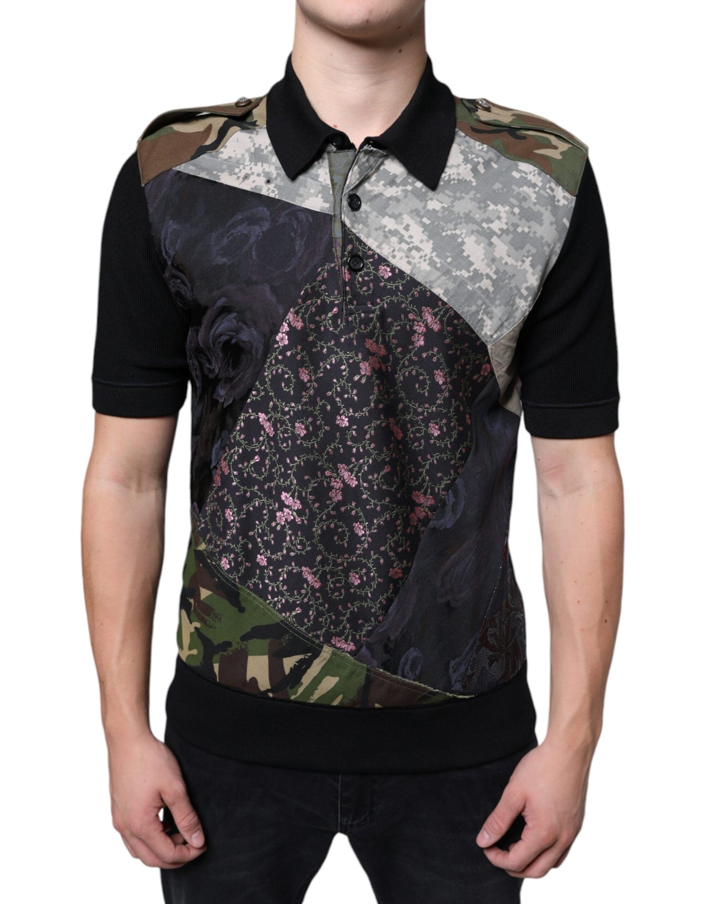 Dolce & Gabbana Mehrfarbiges Camouflage-Patchwork-Polo-T-Shirt aus Seide