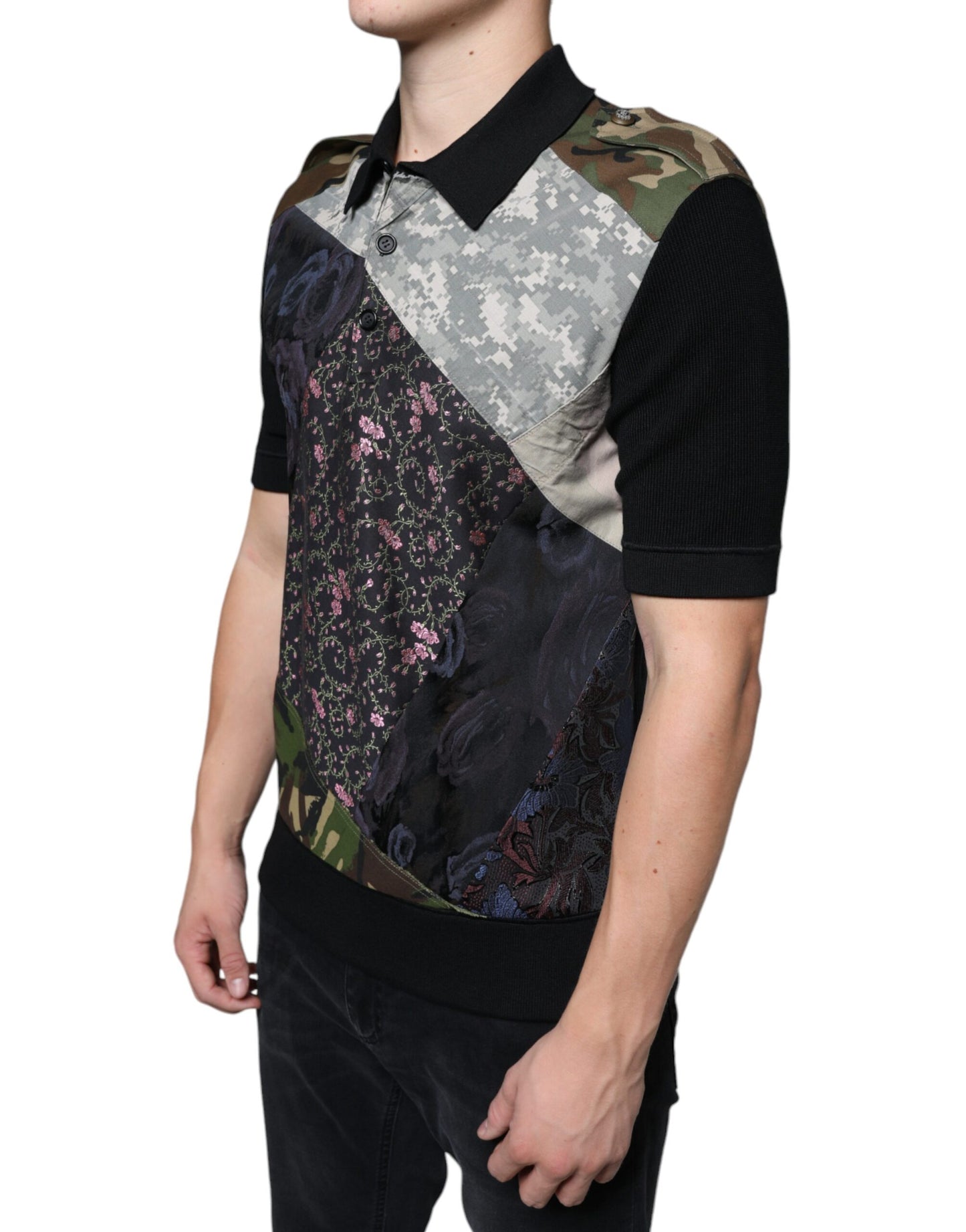 Dolce & Gabbana Mehrfarbiges Camouflage-Patchwork-Polo-T-Shirt aus Seide