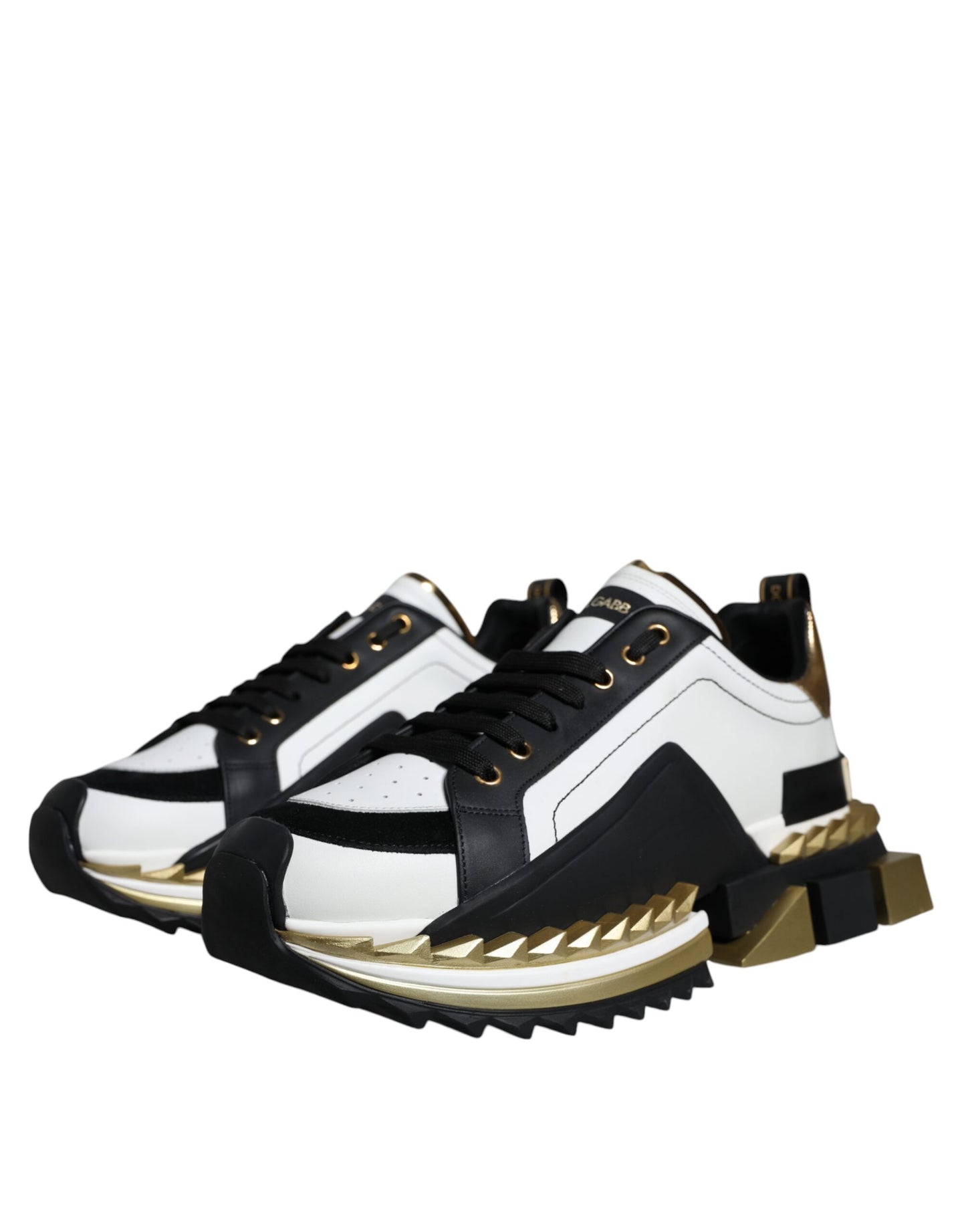 Dolce & Gabbana White Gold Black Leather SUPER KING Sneakers Shoes